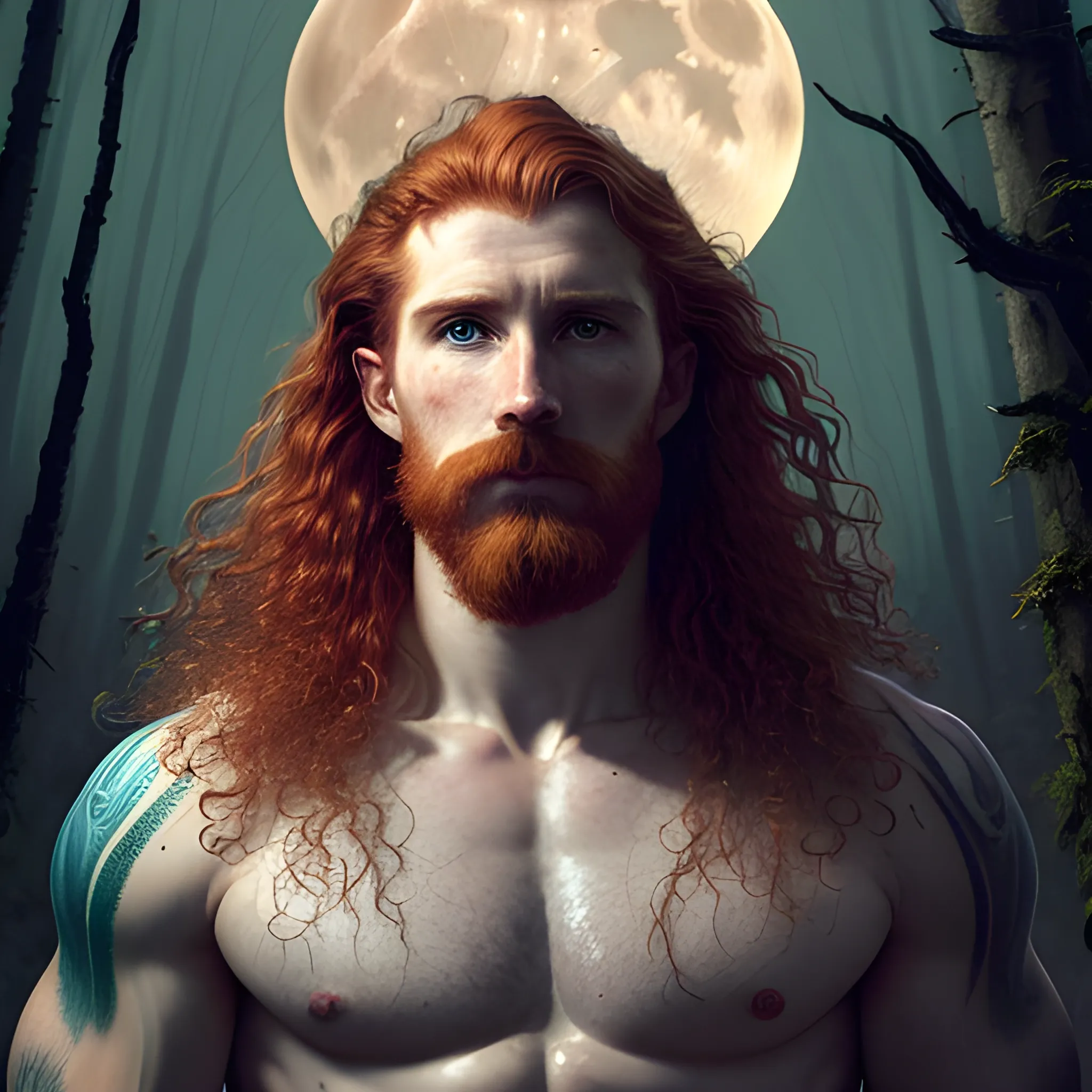 Gwilym Pugh, long red curly hair, chiseled, handsome highly detailed symmetrical face, freckles, perfect face, hyperdetailed eyes and an athletic, long, lean masculine body, under a painted neblua sky, full moon; deep forest, spooky ambiance, by gaston bussiere, craig mullins, j. c. leyendecker