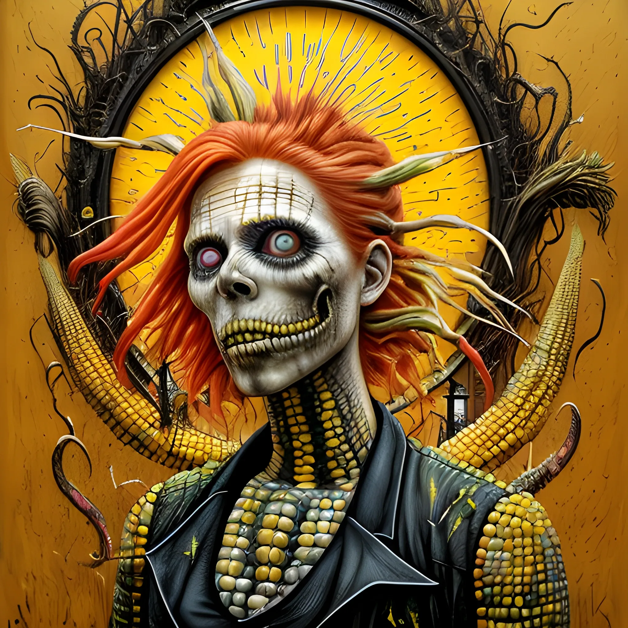  Masterpiece, scenic; redhead Courtney Gains; corn; neon spray paint, acrylic paint, fantastical surrealist world, in the style of Stephen Gammell and Shawn Coss, extremely detailed, sick, gothic, eldritch; macabre, extreme color, corn, corfield, corn on the cob, yellow corn