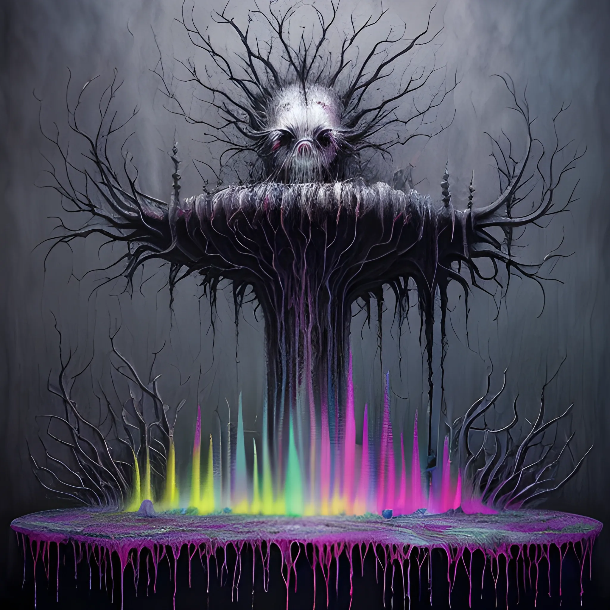  Masterpiece, scenic; Bjork; neon spray paint, acrylic paint, fantastical surrealist world, in the style of Stephen Gammell and Shawn Coss, extremely detailed, sick, gothic, eldritch