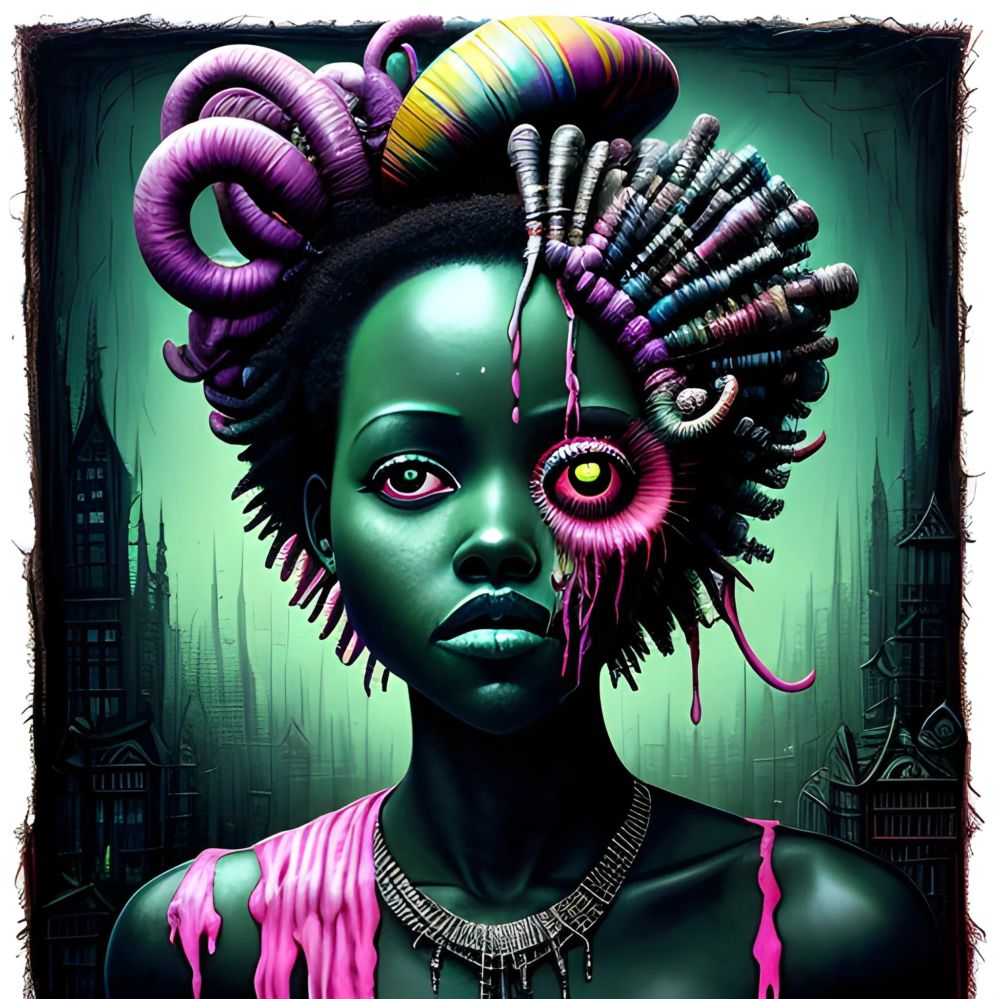  Masterpiece, scenic; Lupita Nyong'o; neon spray paint, acrylic paint, fantastical surrealist world, in the style of Stephen Gammell and Shawn Coss, extremely detailed, sick, gothic, eldritch