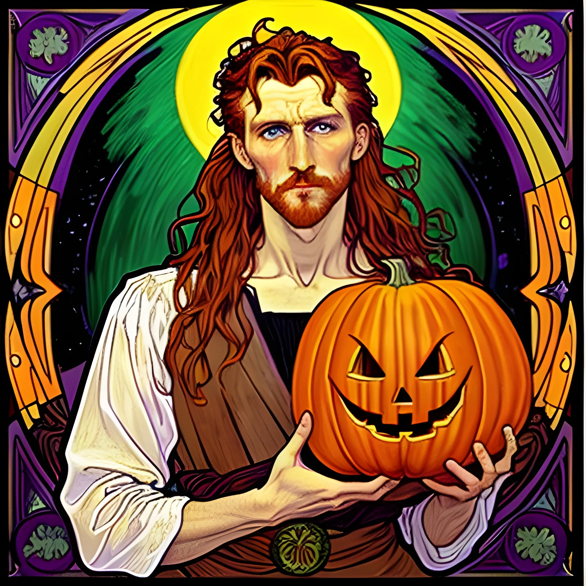 Painting of a handsome young delicate beautiful softly freckled man in his 20s with green eyes and very long, curly red hair flowing down his shoulders and back, at the giant jack o'lantern halloween party; pumpkins, perfect purple pumpkins, green skulls, orange bats, magic, candles, neon spray paint, acrylic paint, fantastical, elegant, stylized art, under a painted nebula sky, full moon; bats, pumpkins, spooky ambiance, Halloween Night art by alphonse mucha, vincent van gogh, egon schiele