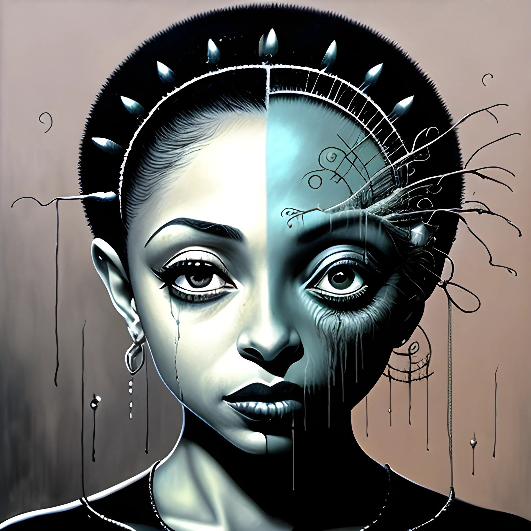  Masterpiece, scenic; Sade Adu; neon spray paint, acrylic paint, fantastical surrealist world, in the style of Stephen Gammell and Shawn Coss, extremely detailed, sick, gothic, eldritch