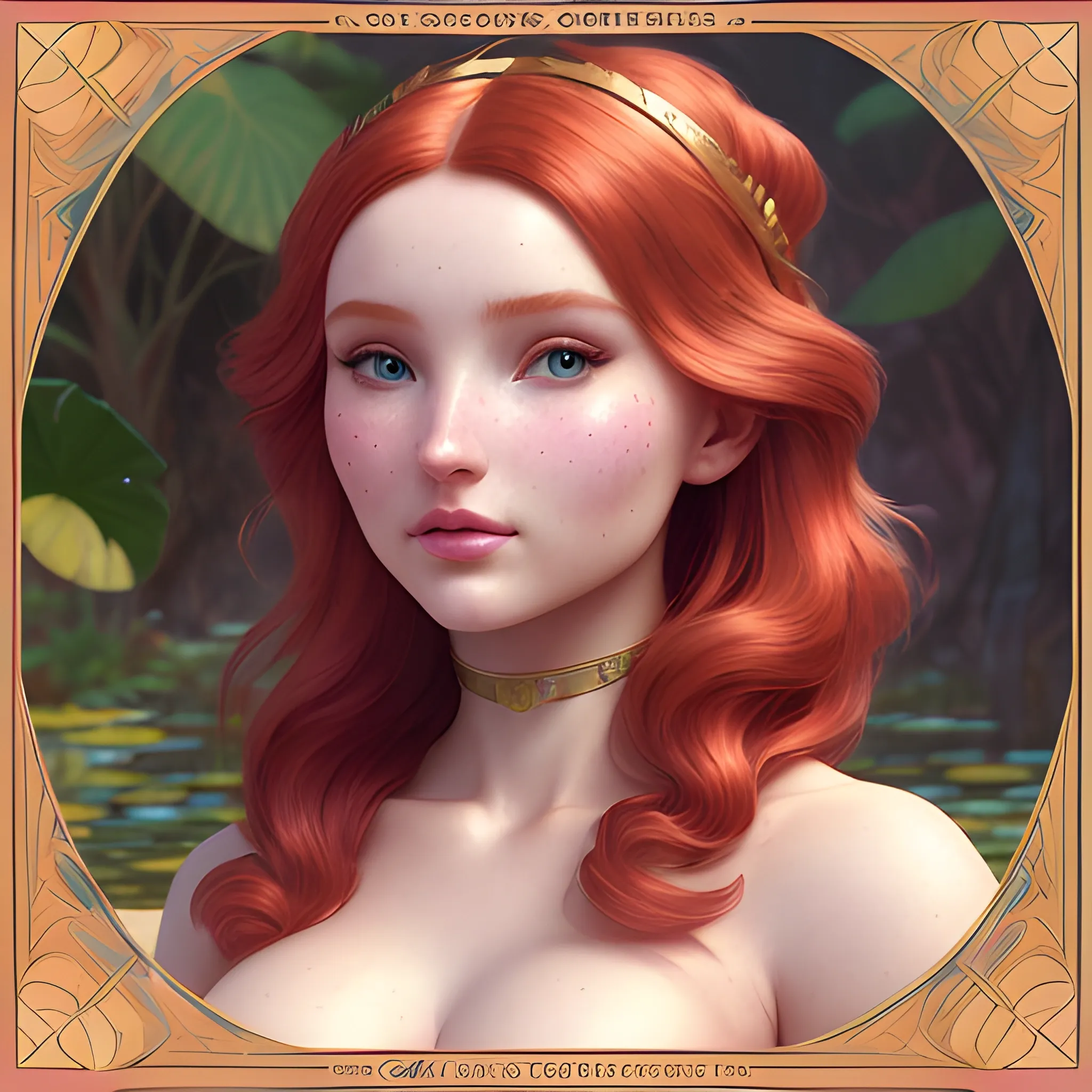 Elsa Hosk / Dove Cameron face morph; beautiful twins at a lotus pond; red hair, gold-hazel eyes; highly detailed beautiful faces; glitter, renaissance; high contrast, pastel, sorbet, pearlescent, Unreal Engine 5; by Dan Parent, Alphonse Mucha, Artgerm, WLOP, intricately detailed, fantasy, bizarre, beautiful, Chromolithography, Soft Shading, Unreal Engine; digital painting, smooth, sharp focus, illustration, art by lisa frank, Steve Goad, Frank Frazetta, William-Adolphe Bouguereau, Unreal Engine 5, Cartoon, 3D, Oil Painting; dark red hair