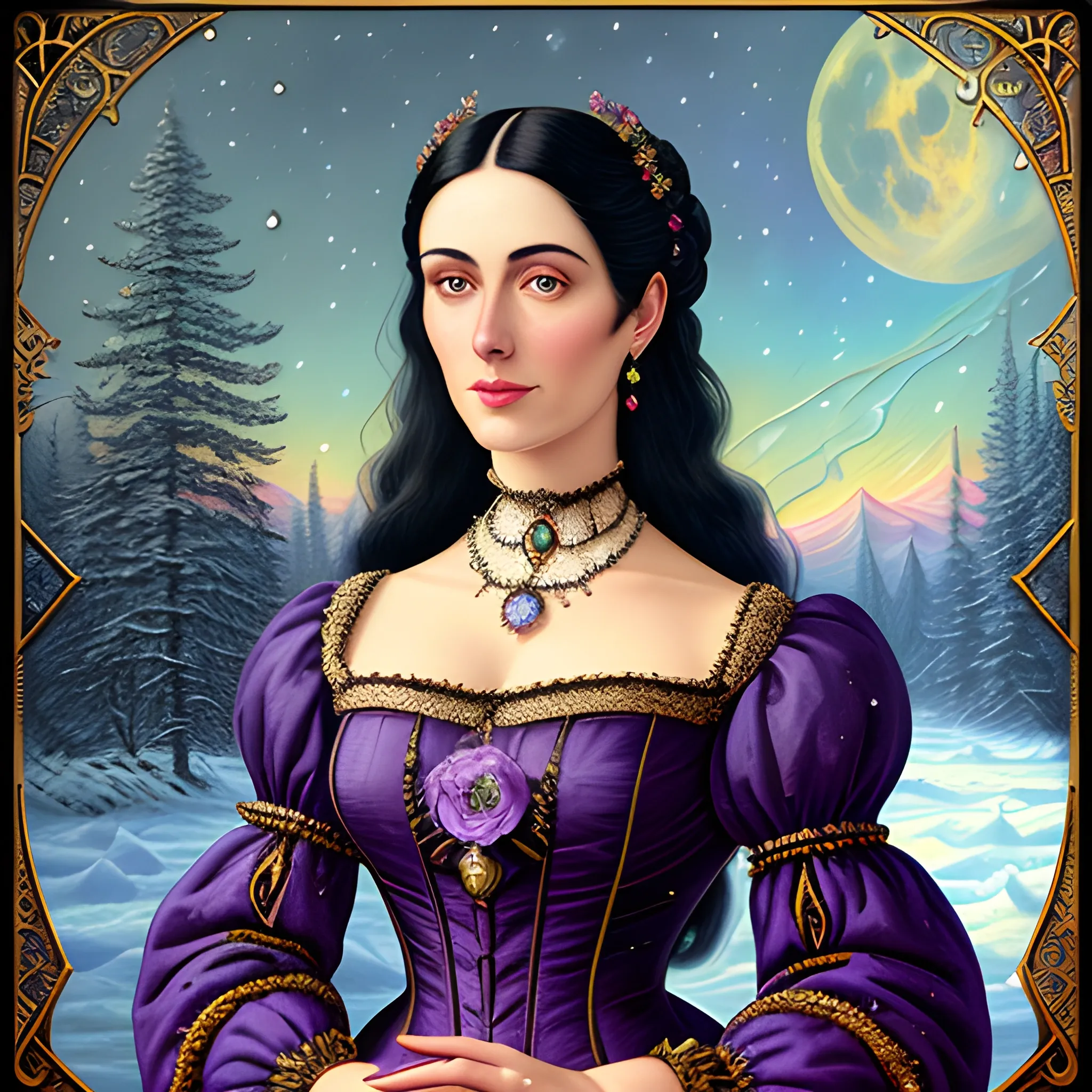 Lilac Princess, full body shot; beautiful woman wears a lavender sequined dress. She has long, sleek black hair, and stands in front of snow-covered pine trees and an icy river. Her features are symmetrical, lovely, and anatomically correct. She wears amethyst jewelry. Lips are soft, in a slight smile; behind her a cityscape, and full smooth moon in a nebula sky, clouds; fantasy, Vintage Art, 16k resolution, intricately detailed, Renaissance, Chromolithography Soft Shading; ethereal fantasy, realistic oil painting. Victorian era, glitter, old fashioned, vintage, antique, renaissance, gothic, eldritch, highly intricate, sophisticated and complex digital painting, concept art, hyperrealism, Cinema 4D, 8k resolution, 64 megapixels, CGSociety, ZBrushCentral, behance HD, hypermaximalist, parallax
