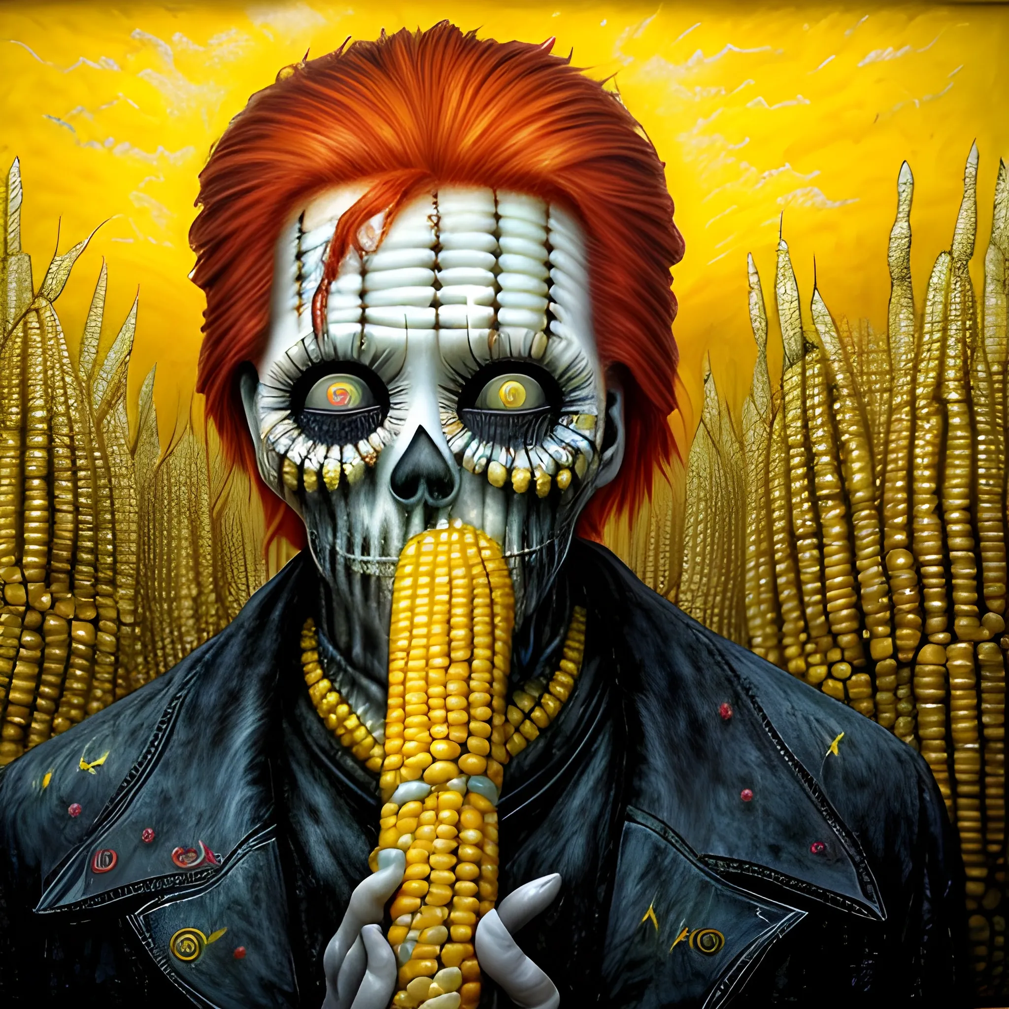  Masterpiece, scenic; redhead Courtney Gains; corn; neon spray paint, acrylic paint, fantastical surrealist world, in the style of Stephen Gammell and Shawn Coss, extremely detailed, sick, gothic, eldritch; macabre, extreme color, corn, corfield, corn on the cob, yellow corn