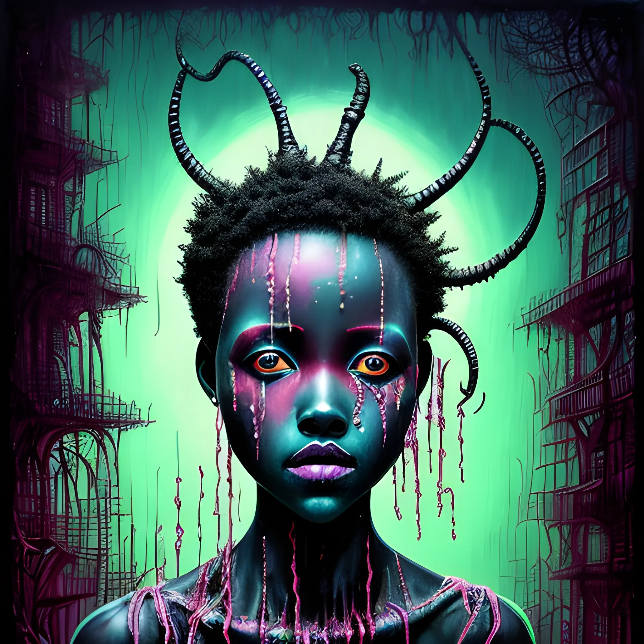  Masterpiece, scenic; Lupita Nyong'o; neon spray paint, acrylic paint, fantastical surrealist world, in the style of Stephen Gammell and Shawn Coss, extremely detailed, sick, gothic, eldritch