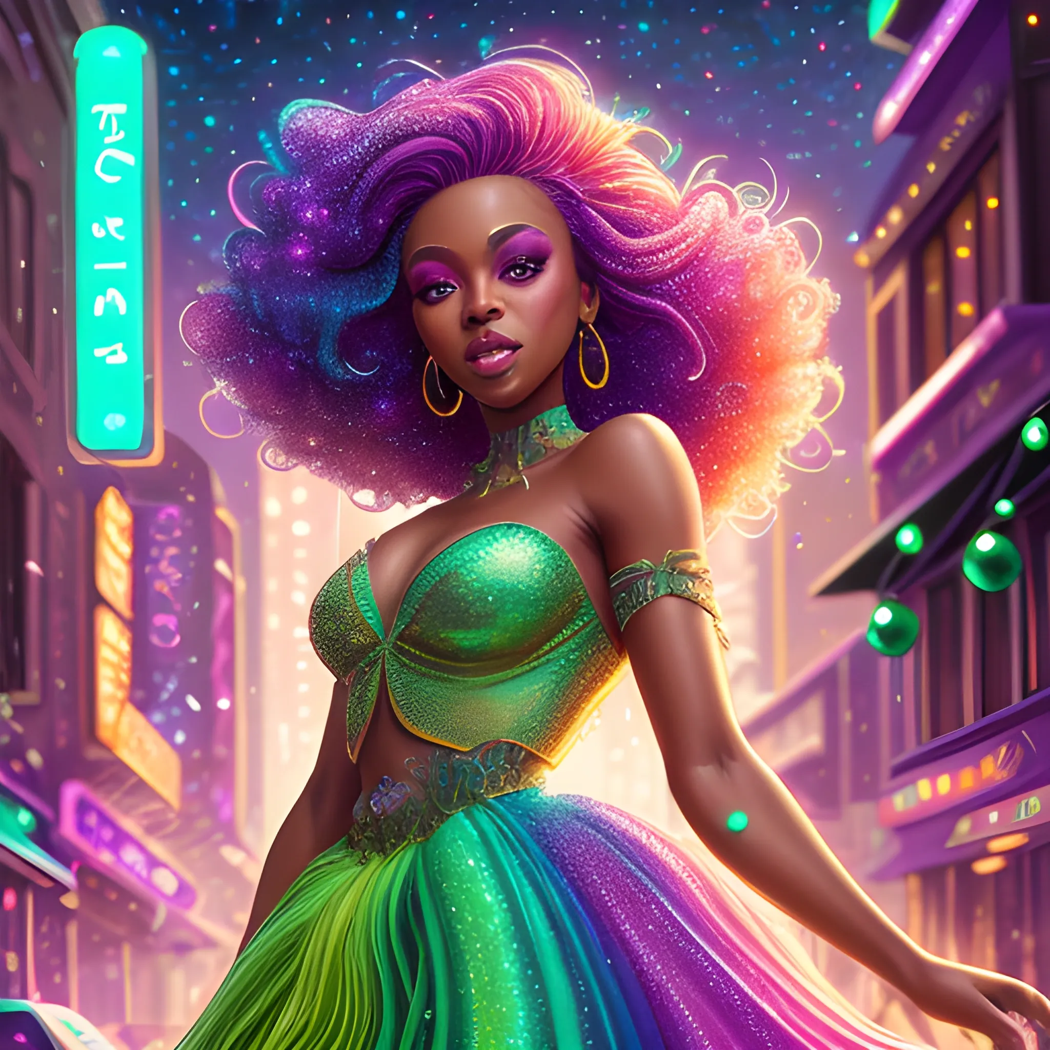 Charlotte Ayanna, perfect, anatomically correct perfect body, highly detailed beautiful face, green midriff dress, meticulously detailed multi-hued long dark curly hair, holding a purple ball in her hand; digital painting, smooth, sharp focus, colorful illustration, art by Lisa Frank, James R. Eads, artgerm and Maxfield Parrish; luminous color sparkles, glitter, neon, airbrush, Unreal Engine 5, Fausto-Giurescu, Tania Rivilis, Dan Mumford; luminous colorful sparkles, glitter, airbrush, depth of field, volumetric lighting, downtown