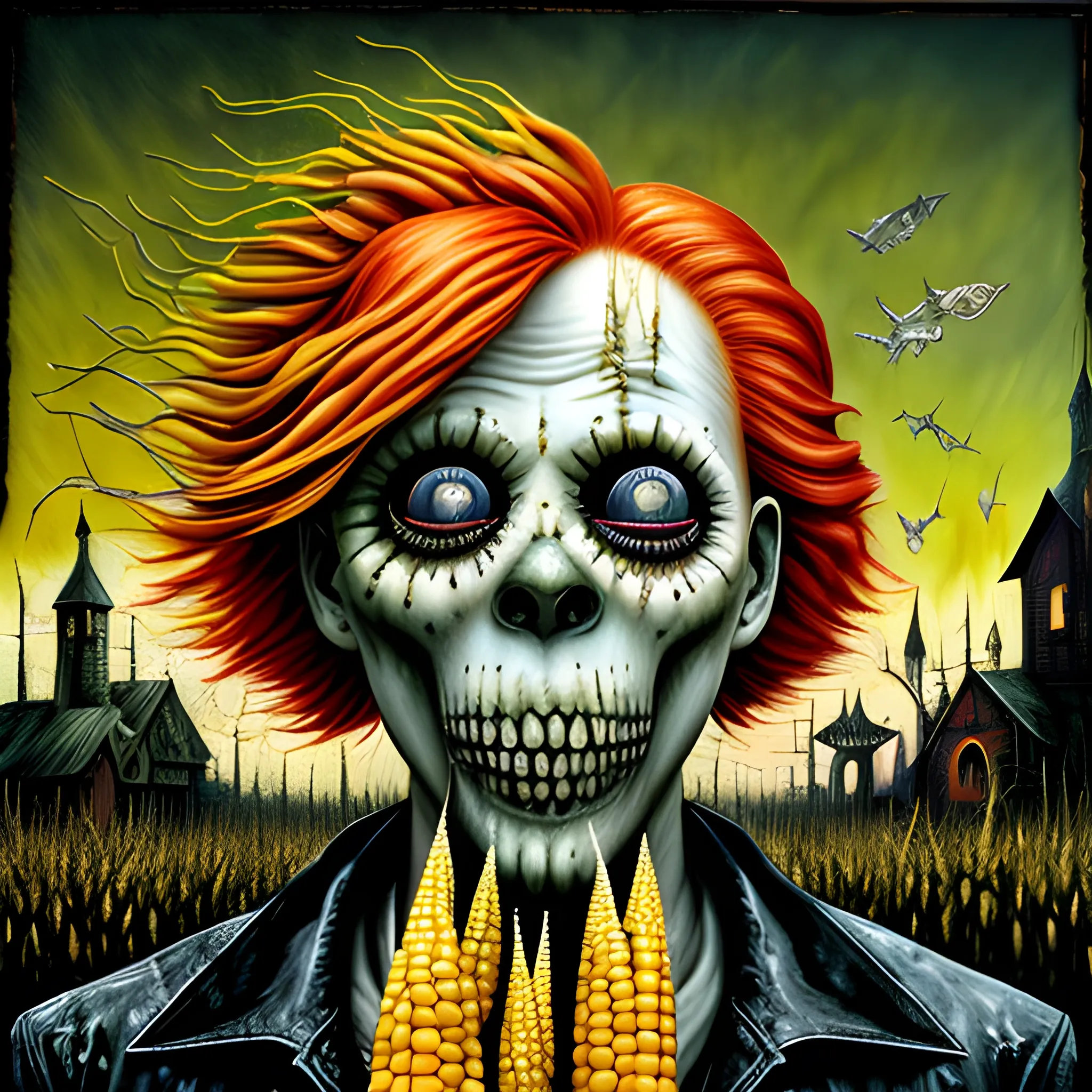  Masterpiece, scenic; redhead Courtney Gains; corn; neon spray paint, acrylic paint, fantastical surrealist world, in the style of Stephen Gammell and Shawn Coss, extremely detailed, sick, gothic, eldritch; macabre, extreme color, corn, corfield, corn on the cob, yellow corn