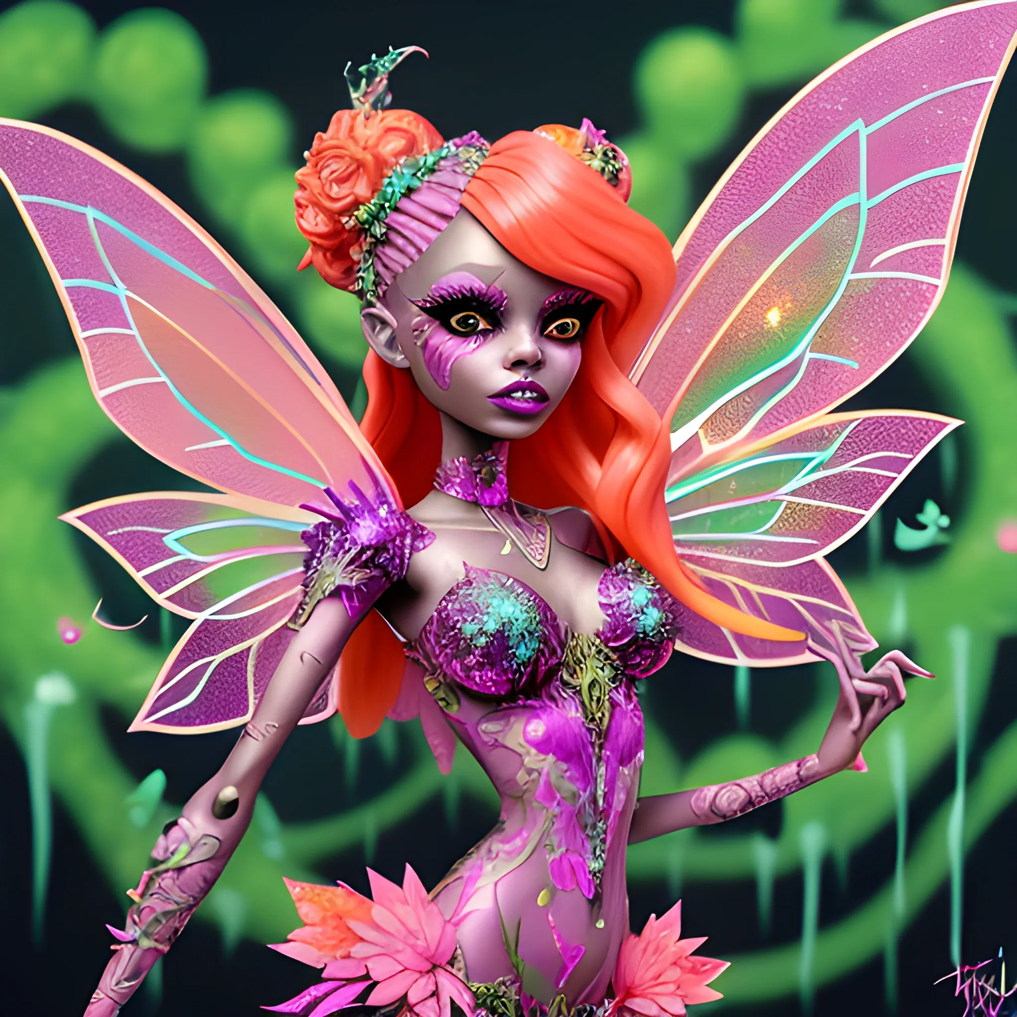  Mythical Fairy: monster High doll: vines: woman: fairy wings: forest: nature: orange and pink: detailed: glitter, airbrush, luminous color sparkles; graffiti art, splash art, street art, spray paint, oil gouache melting, acrylic, high contrast, colorful polychromatic, ultra detailed, ultra quality, CGSociety, 3D