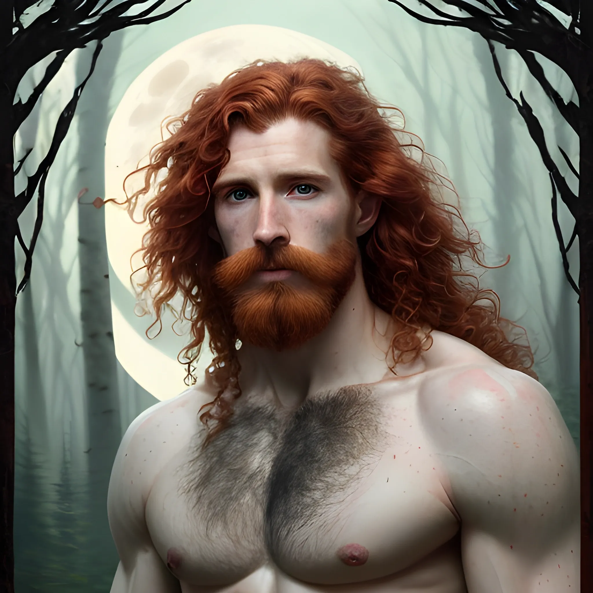 Gwilym Pugh, long red curly hair, chiseled, handsome highly detailed symmetrical face, freckles, perfect face, hyperdetailed eyes and an athletic, long, lean masculine body, under a painted neblua sky, full moon; deep forest, spooky ambiance, by gaston bussiere, craig mullins, j. c. leyendecker