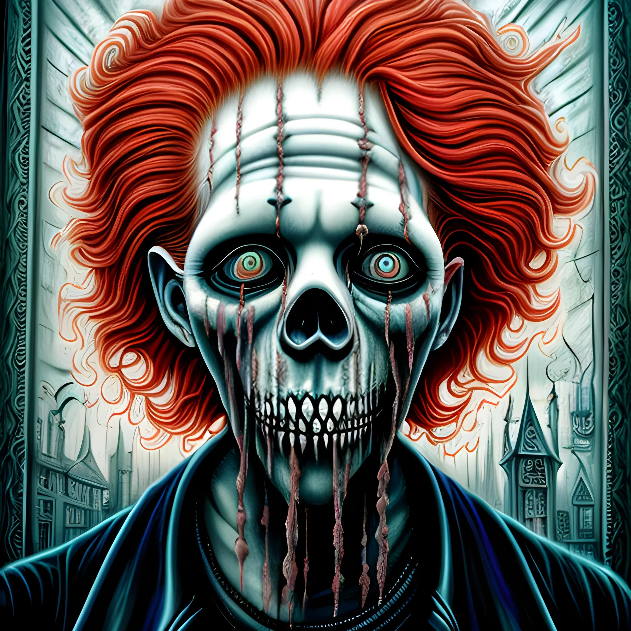  Masterpiece, scenic; redhead Courtney Gains; neon spray paint, acrylic paint, fantastical surrealist world, in the style of Stephen Gammell and Shawn Coss, extremely detailed, sick, gothic, eldritch; macabre, extreme color