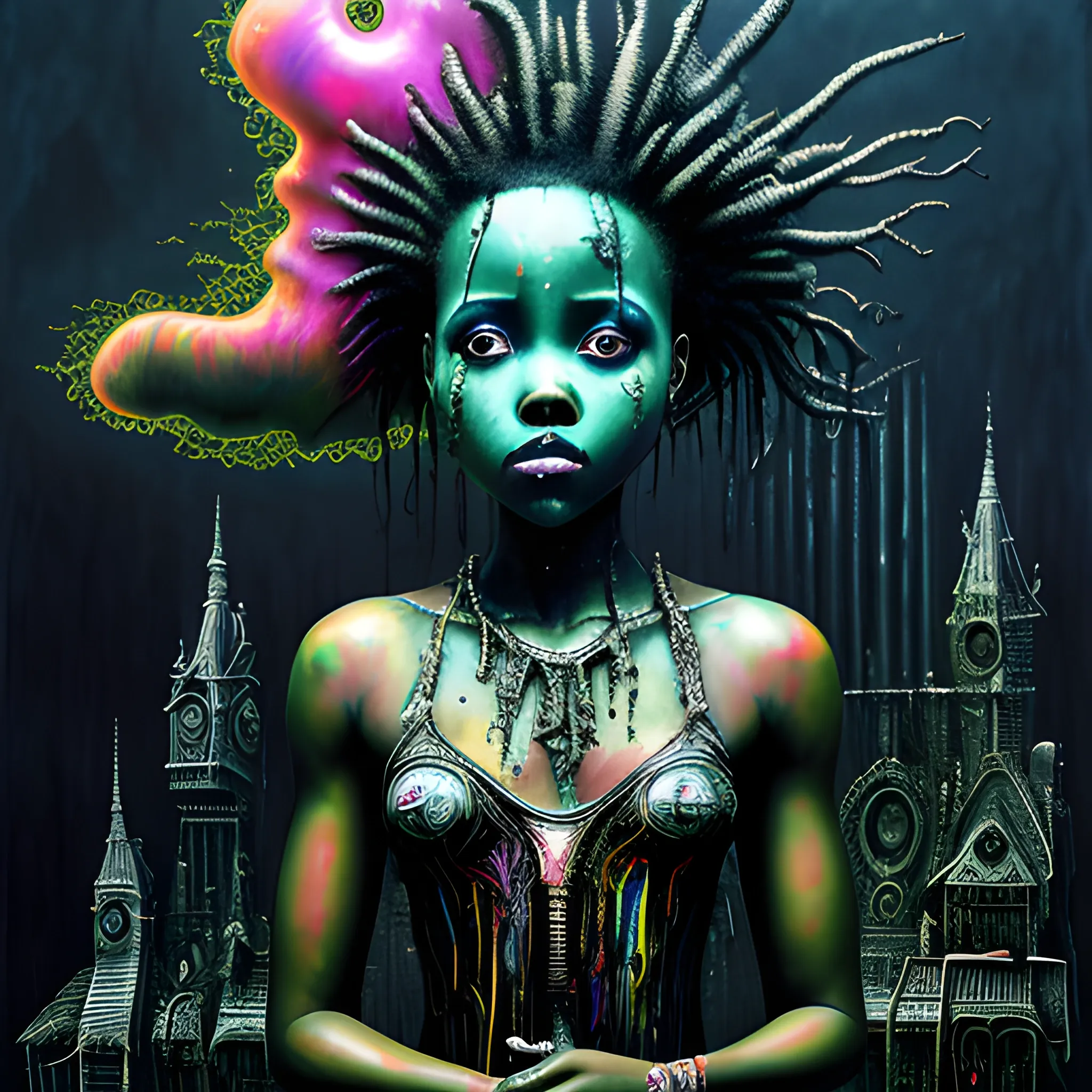  Masterpiece, scenic; Lupita Nyong'o; neon spray paint, acrylic paint, fantastical surrealist world, in the style of Stephen Gammell and Shawn Coss, extremely detailed, sick, gothic, eldritch