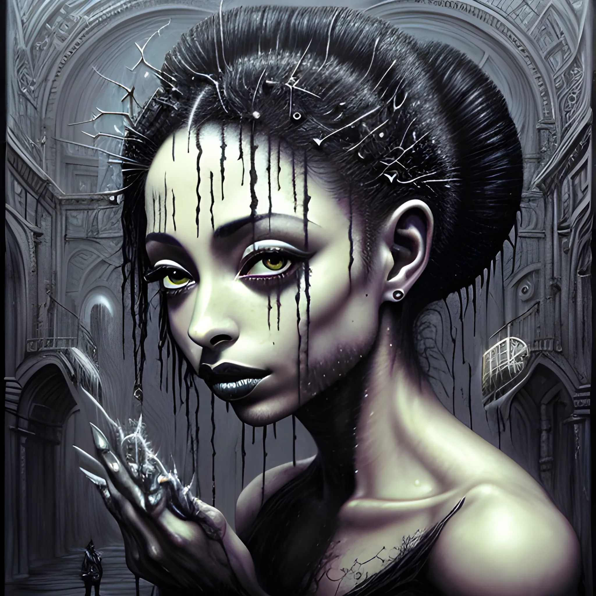  Masterpiece, scenic; Sade Adu; neon spray paint, acrylic paint, fantastical surrealist world, in the style of Stephen Gammell and Shawn Coss, extremely detailed, sick, gothic, eldritch