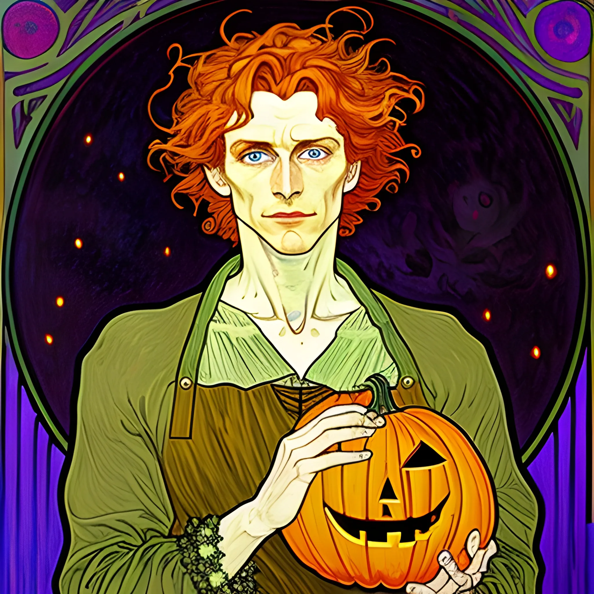 Painting of a handsome young delicate beautiful softly freckled man in his 20s with green eyes and very long, curly red hair flowing down his shoulders and back, at the giant jack o'lantern halloween party; pumpkins, perfect purple pumpkins, green skulls, orange bats, magic, candles, neon spray paint, acrylic paint, fantastical, elegant, stylized art, under a painted nebula sky, full moon; bats, pumpkins, spooky ambiance, Halloween Night art by alphonse mucha, vincent van gogh, egon schiele