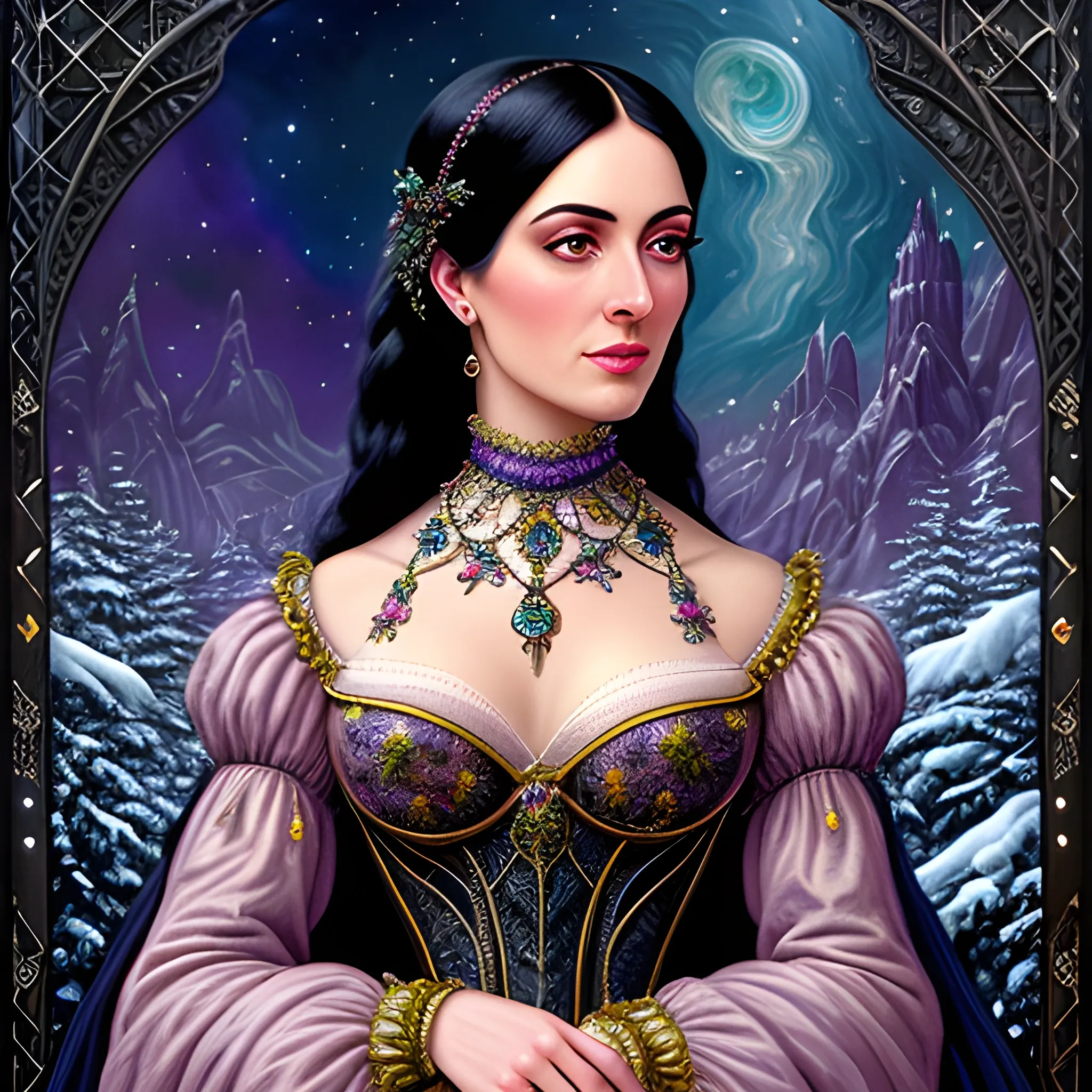 Lilac Princess, full body shot; beautiful woman wears a lavender sequined dress. She has long, sleek black hair, and stands in front of snow-covered pine trees and an icy river. Her features are symmetrical, lovely, and anatomically correct. She wears amethyst jewelry. Lips are soft, in a slight smile; behind her a cityscape, and full smooth moon in a nebula sky, clouds; fantasy, Vintage Art, 16k resolution, intricately detailed, Renaissance, Chromolithography Soft Shading; ethereal fantasy, realistic oil painting. Victorian era, glitter, old fashioned, vintage, antique, renaissance, gothic, eldritch, highly intricate, sophisticated and complex digital painting, concept art, hyperrealism, Cinema 4D, 8k resolution, 64 megapixels, CGSociety, ZBrushCentral, behance HD, hypermaximalist, parallax
