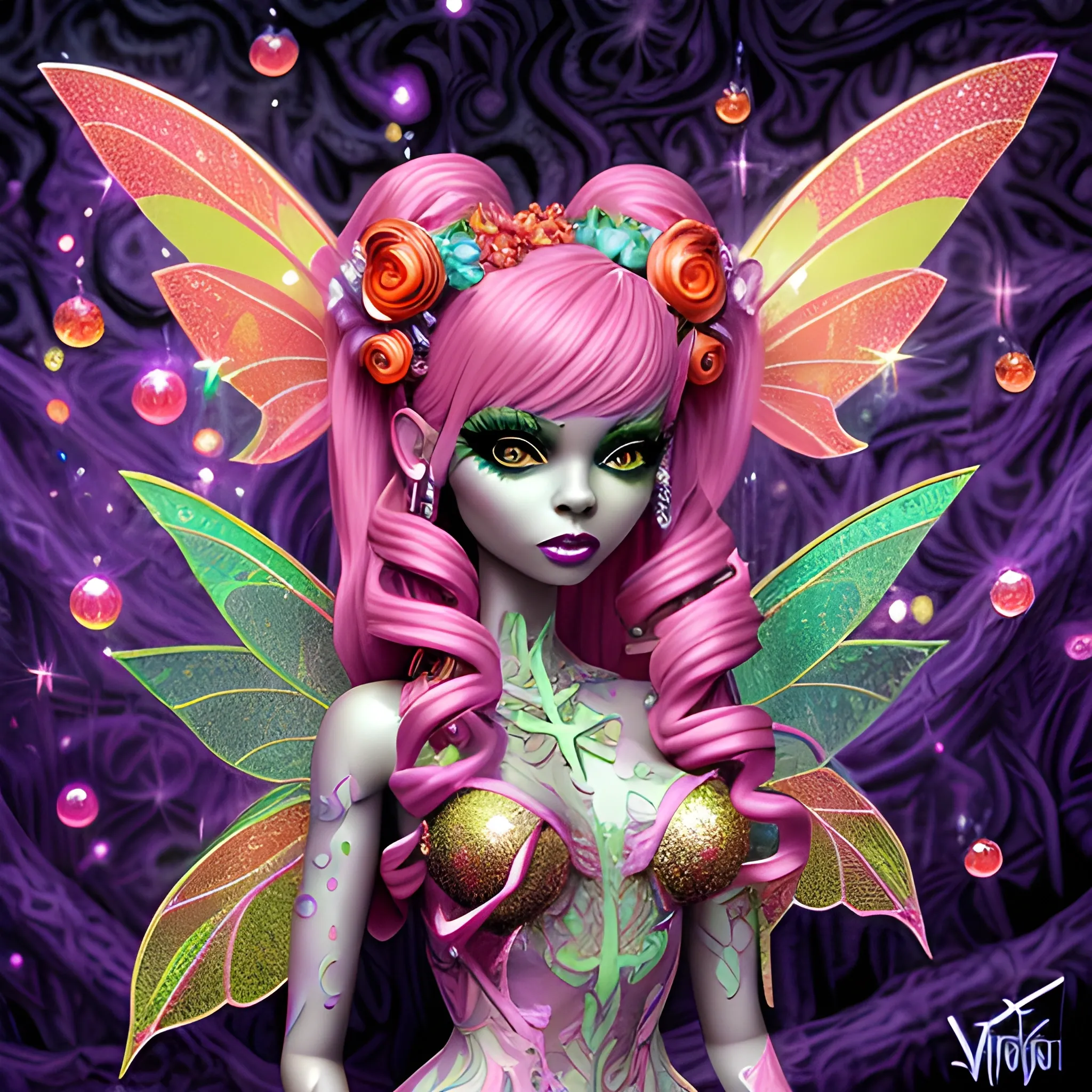  Mythical Fairy: monster High doll: vines: woman: fairy wings: forest: nature: orange and pink: detailed: glitter, airbrush, luminous color sparkles; graffiti art, splash art, street art, spray paint, oil gouache melting, acrylic, high contrast, colorful polychromatic, ultra detailed, ultra quality, CGSociety, 3D