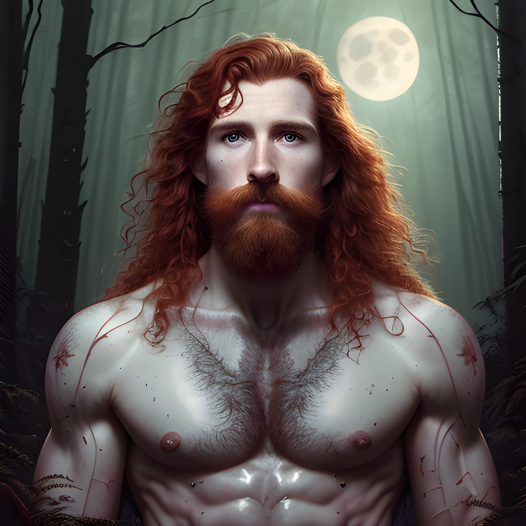 Gwilym Pugh, long red curly hair, chiseled, handsome highly detailed symmetrical face, freckles, perfect face, hyperdetailed eyes and an athletic, long, lean masculine body, under a painted neblua sky, full moon; deep forest, spooky ambiance, by gaston bussiere, craig mullins, j. c. leyendecker