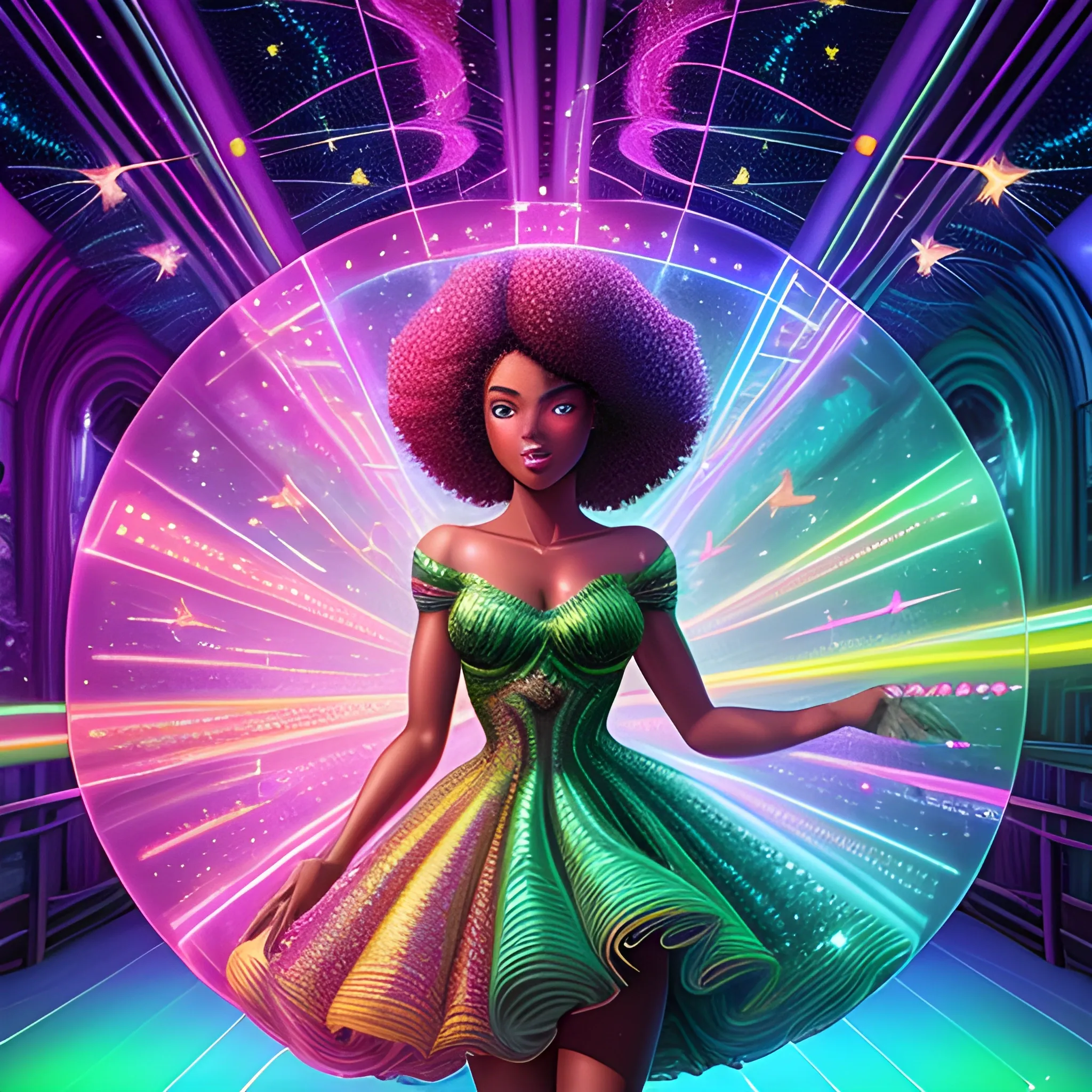 Charlotte Ayanna, perfect, anatomically correct perfect body, highly detailed beautiful face, green midriff dress, meticulously detailed multi-hued long dark curly hair, holding a purple ball in her hand; digital painting, smooth, sharp focus, colorful illustration, art by Lisa Frank, James R. Eads, artgerm and Maxfield Parrish; luminous color sparkles, glitter, neon, airbrush, Unreal Engine 5, Fausto-Giurescu, Tania Rivilis, Dan Mumford; luminous colorful sparkles, glitter, airbrush, depth of field, volumetric lighting, downtown