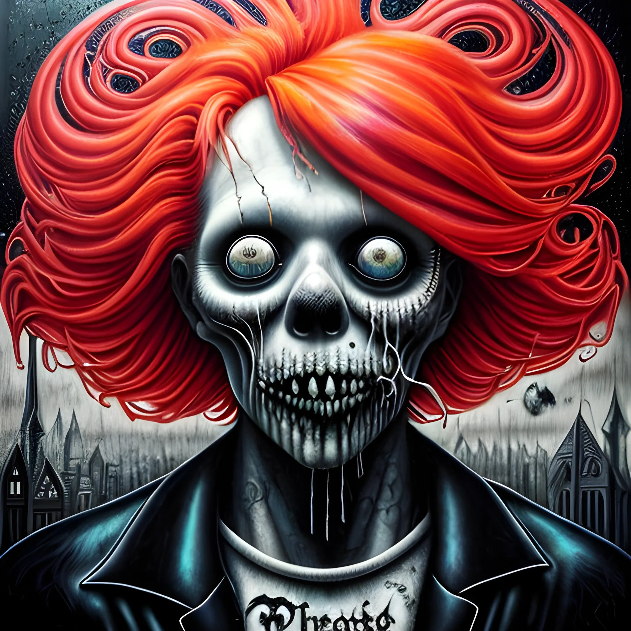  Masterpiece, scenic; redhead Courtney Gains; neon spray paint, acrylic paint, fantastical surrealist world, in the style of Stephen Gammell and Shawn Coss, extremely detailed, sick, gothic, eldritch; macabre, extreme color