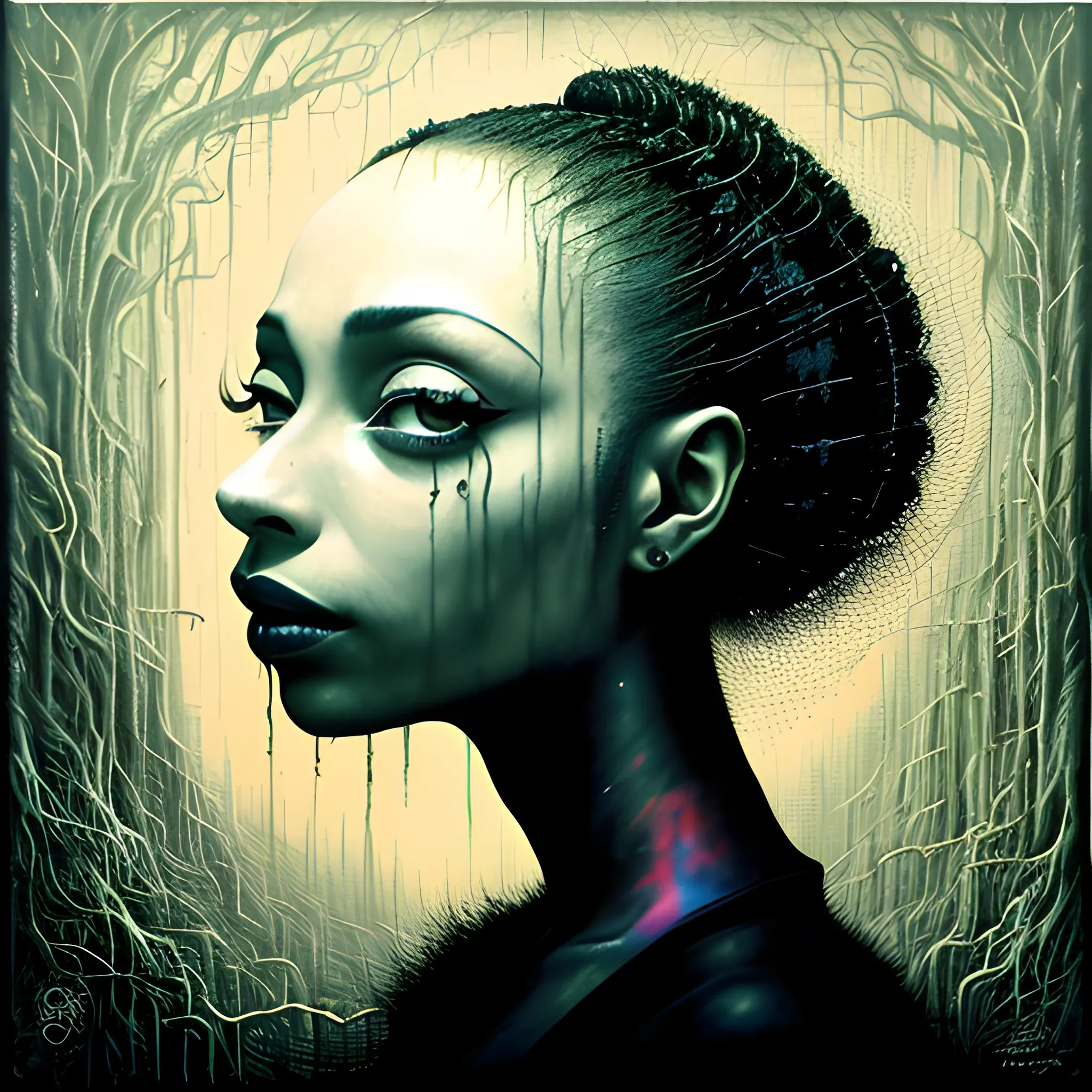  Masterpiece, scenic; Sade Adu; neon spray paint, acrylic paint, fantastical surrealist world, in the style of Stephen Gammell and Shawn Coss, extremely detailed, sick, gothic, eldritch