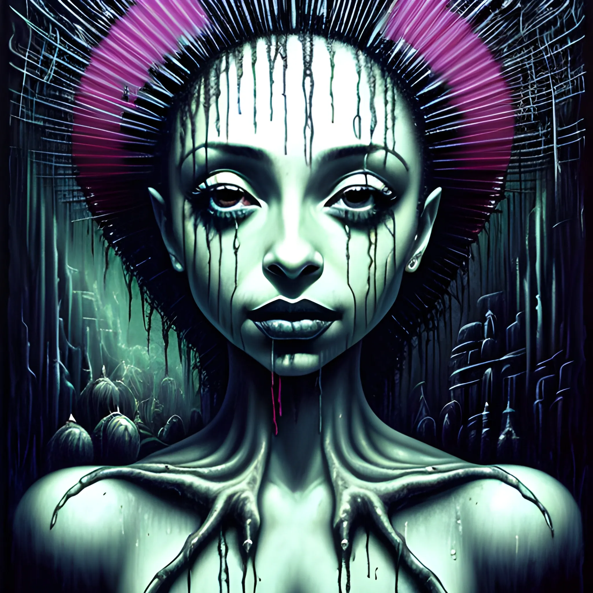  Masterpiece, scenic; Sade Adu; neon spray paint, acrylic paint, fantastical surrealist world, in the style of Stephen Gammell and Shawn Coss, extremely detailed, sick, gothic, eldritch