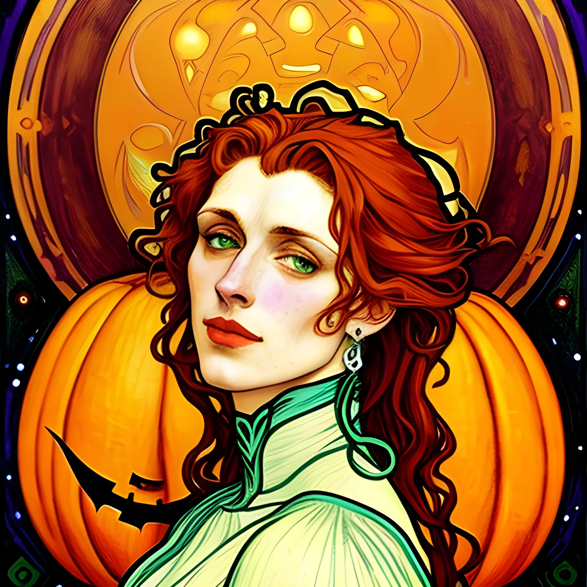 Painting of a handsome young delicate beautiful softly freckled man in his 20s with green eyes and very long, curly red hair flowing down his shoulders and back, at the giant jack o'lantern halloween party; pumpkins, perfect purple pumpkins, green skulls, orange bats, magic, candles, neon spray paint, acrylic paint, fantastical, elegant, stylized art, under a painted nebula sky, full moon; bats, pumpkins, spooky ambiance, Halloween Night art by alphonse mucha, vincent van gogh, egon schiele