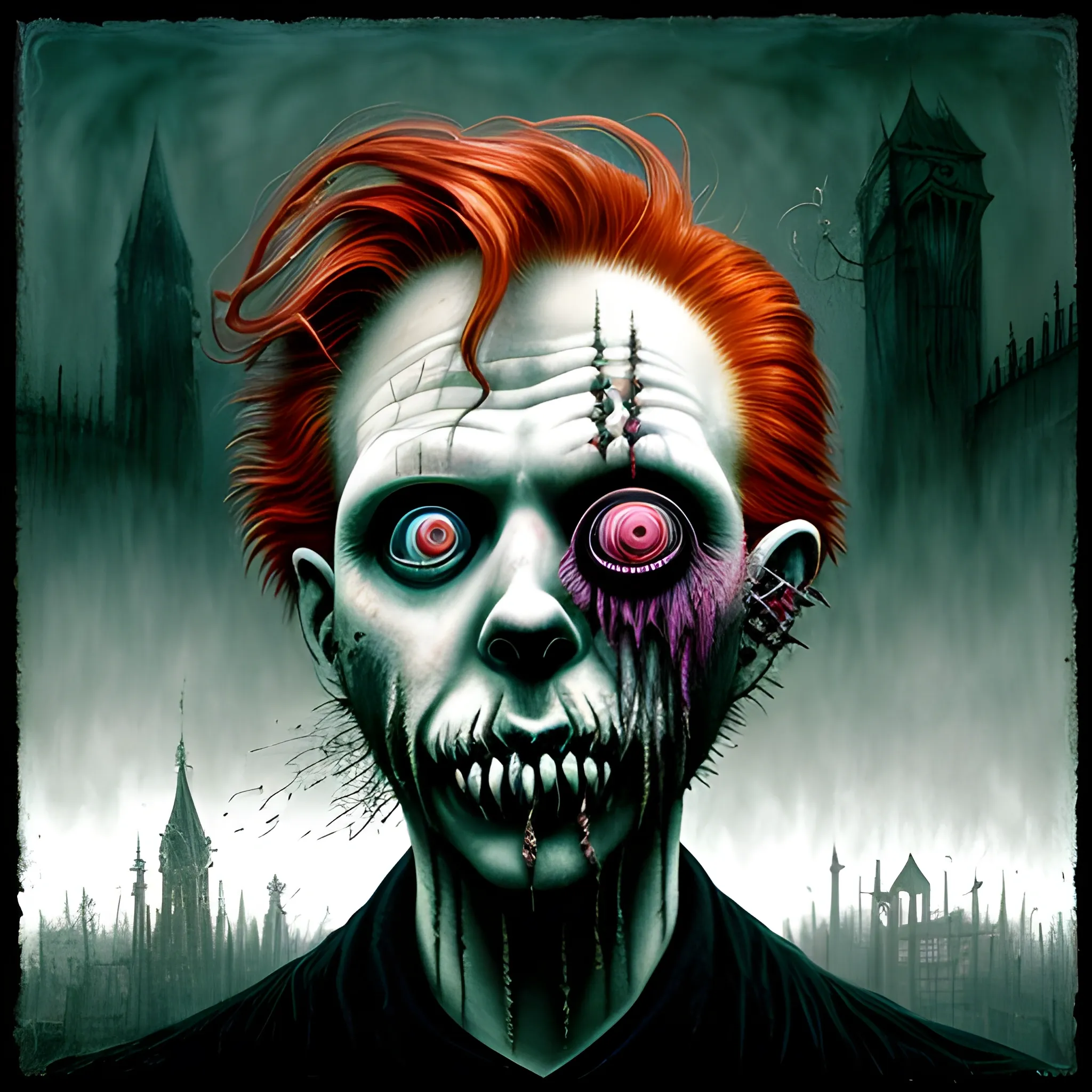  Masterpiece, scenic; redhead Courtney Gains; neon spray paint, acrylic paint, fantastical surrealist world, in the style of Stephen Gammell and Shawn Coss, extremely detailed, sick, gothic, eldritch; macabre, extreme color