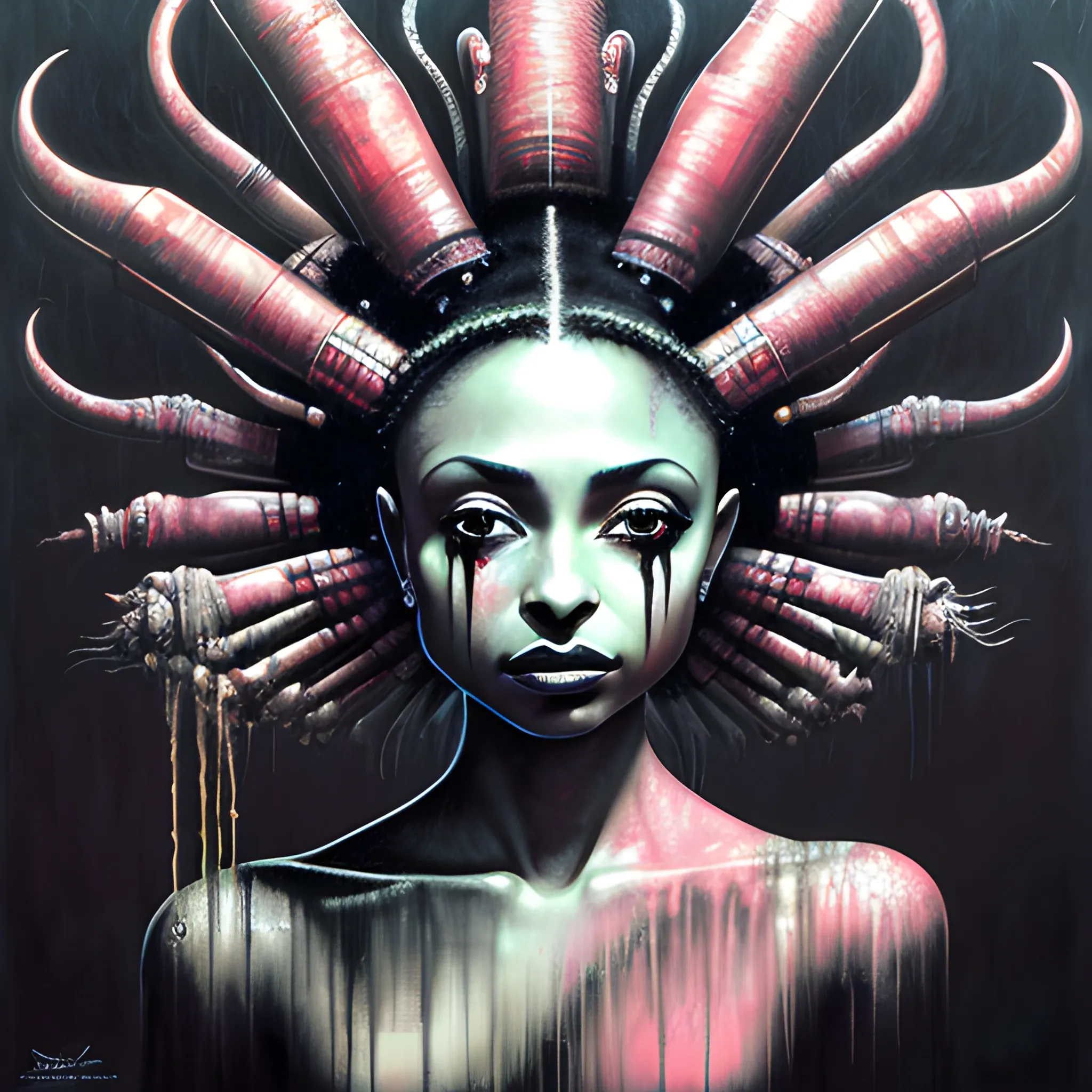  Masterpiece, scenic; Sade Adu; neon spray paint, acrylic paint, fantastical surrealist world, in the style of Stephen Gammell and Shawn Coss, extremely detailed, sick, gothic, eldritch