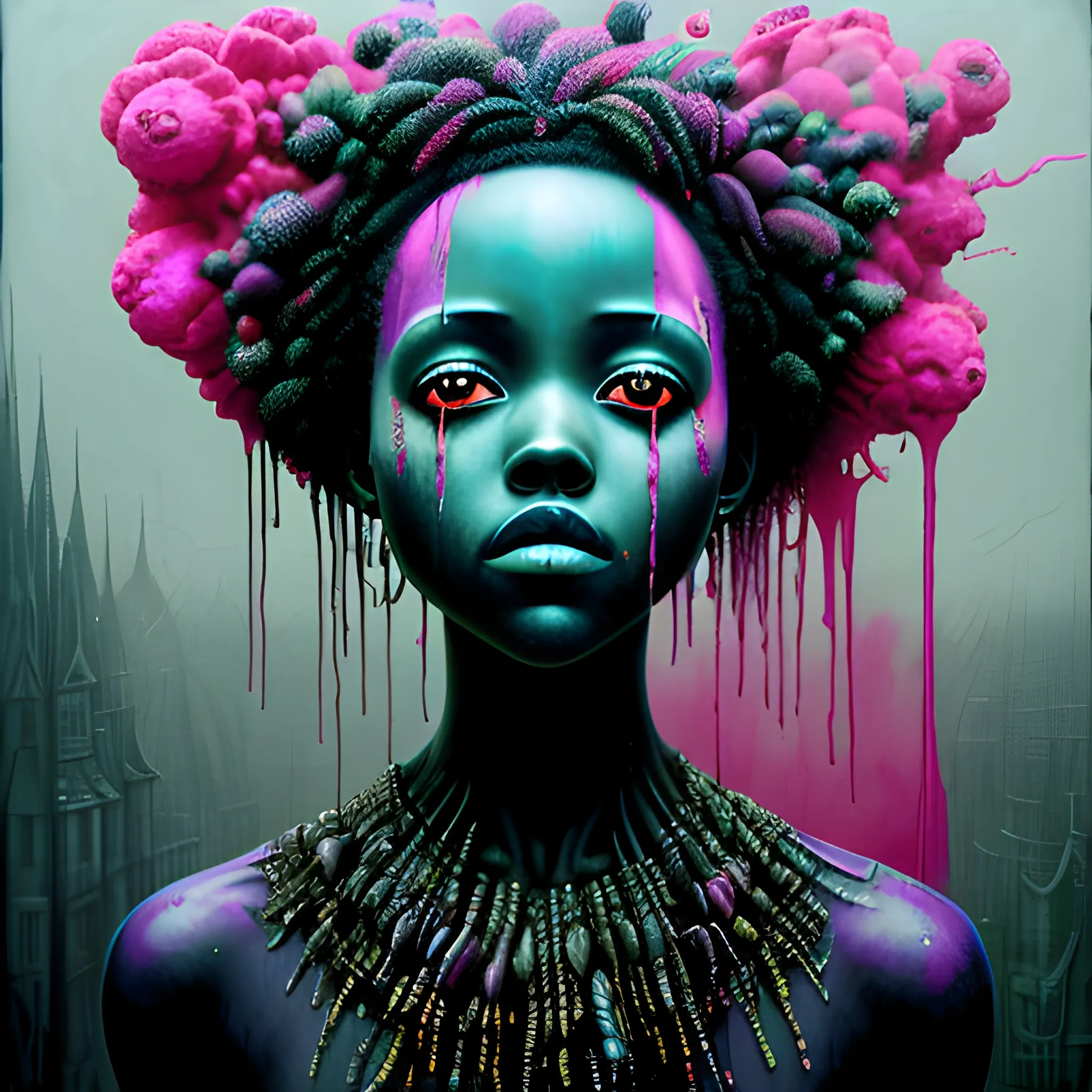  Masterpiece, scenic; Lupita Nyong'o; neon spray paint, acrylic paint, fantastical surrealist world, in the style of Stephen Gammell and Shawn Coss, extremely detailed, sick, gothic, eldritch