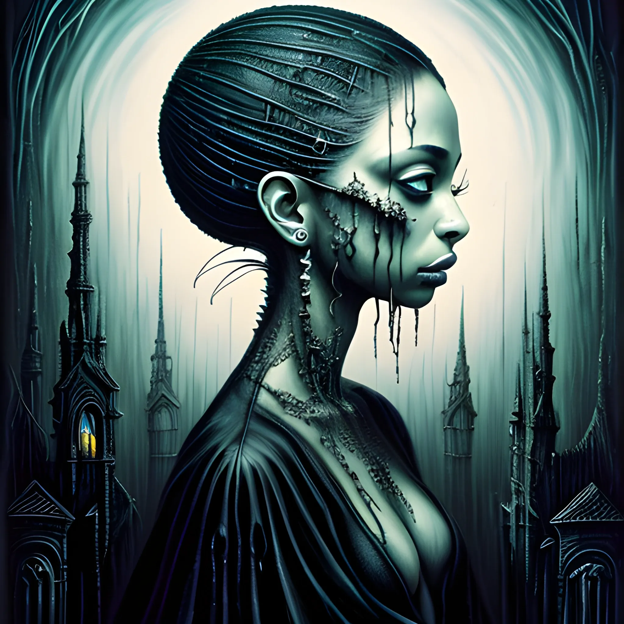  Masterpiece, scenic; Sade Adu; neon spray paint, acrylic paint, fantastical surrealist world, in the style of Stephen Gammell and Shawn Coss, extremely detailed, sick, gothic, eldritch