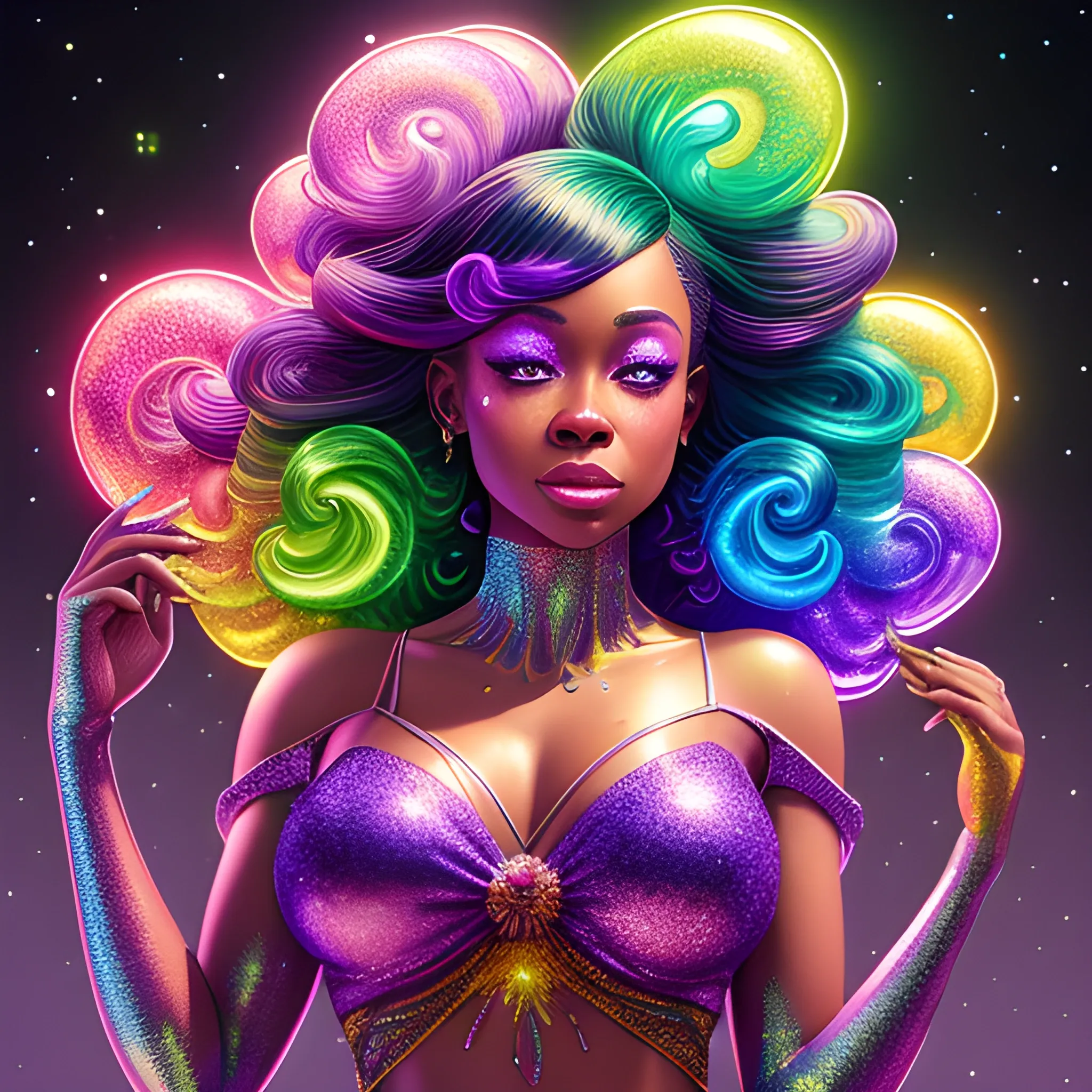 Charlotte Ayanna, perfect, anatomically correct perfect body, highly detailed beautiful face, green midriff dress, meticulously detailed multi-hued long dark curly hair, holding a purple ball in her hand; digital painting, smooth, sharp focus, colorful illustration, art by Lisa Frank, James R. Eads, artgerm and Maxfield Parrish; luminous color sparkles, glitter, neon, airbrush, Unreal Engine 5, Fausto-Giurescu, Tania Rivilis, Dan Mumford; luminous colorful sparkles, glitter, airbrush, depth of field, volumetric lighting, downtown