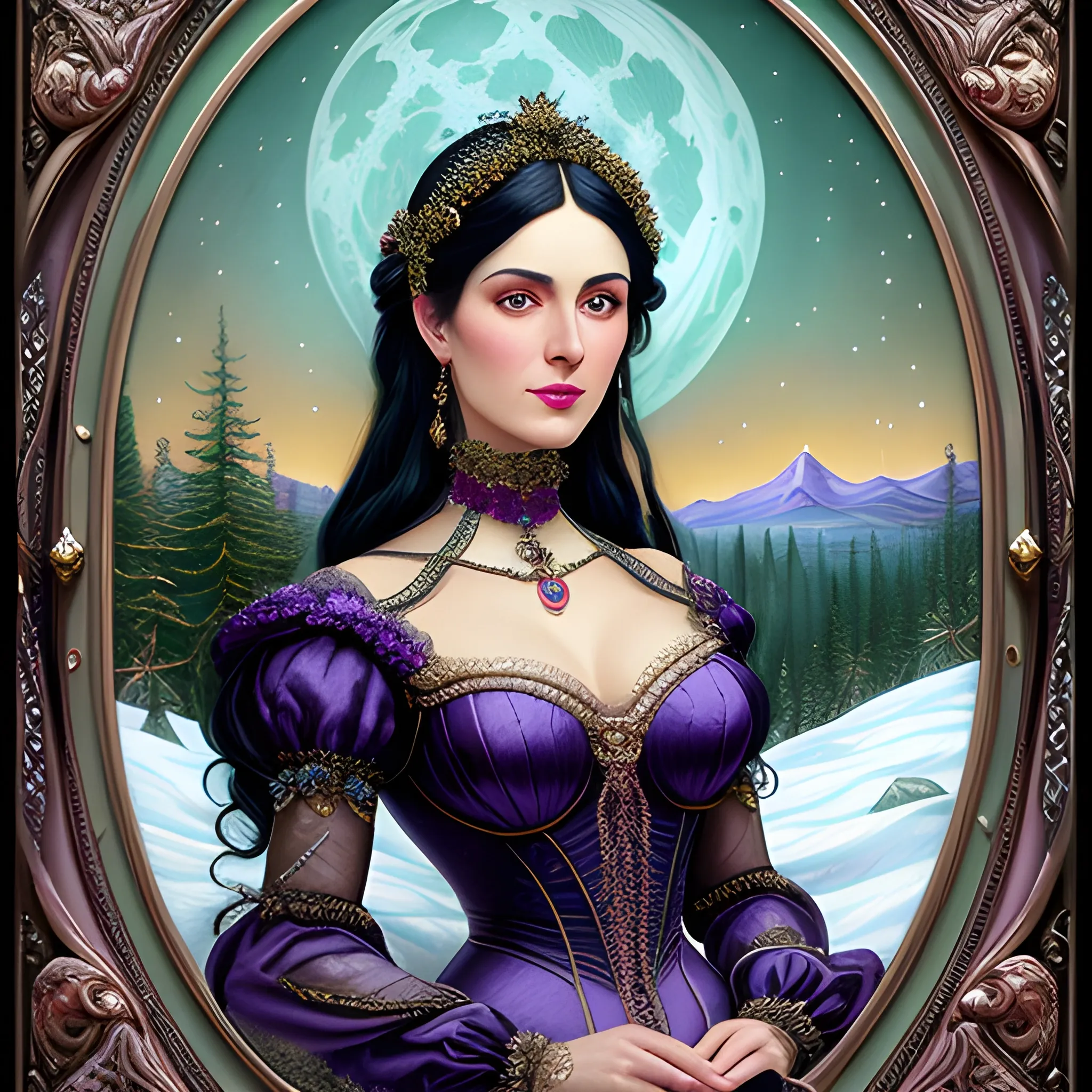 Lilac Princess, full body shot; beautiful woman wears a lavender sequined dress. She has long, sleek black hair, and stands in front of snow-covered pine trees and an icy river. Her features are symmetrical, lovely, and anatomically correct. She wears amethyst jewelry. Lips are soft, in a slight smile; behind her a cityscape, and full smooth moon in a nebula sky, clouds; fantasy, Vintage Art, 16k resolution, intricately detailed, Renaissance, Chromolithography Soft Shading; ethereal fantasy, realistic oil painting. Victorian era, glitter, old fashioned, vintage, antique, renaissance, gothic, eldritch, highly intricate, sophisticated and complex digital painting, concept art, hyperrealism, Cinema 4D, 8k resolution, 64 megapixels, CGSociety, ZBrushCentral, behance HD, hypermaximalist, parallax
