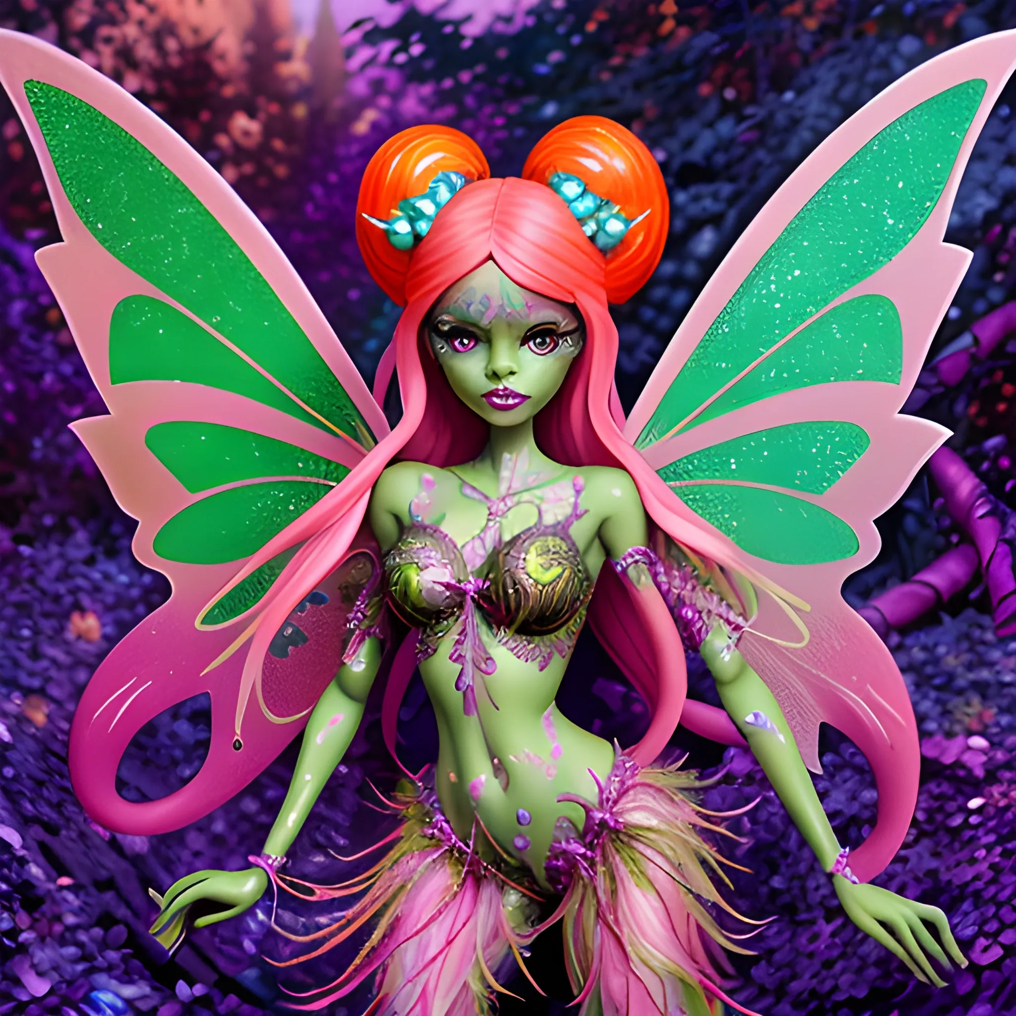  Mythical Fairy: monster High doll: vines: woman: fairy wings: forest: nature: orange and pink: detailed: glitter, airbrush, luminous color sparkles; graffiti art, splash art, street art, spray paint, oil gouache melting, acrylic, high contrast, colorful polychromatic, ultra detailed, ultra quality, CGSociety, 3D