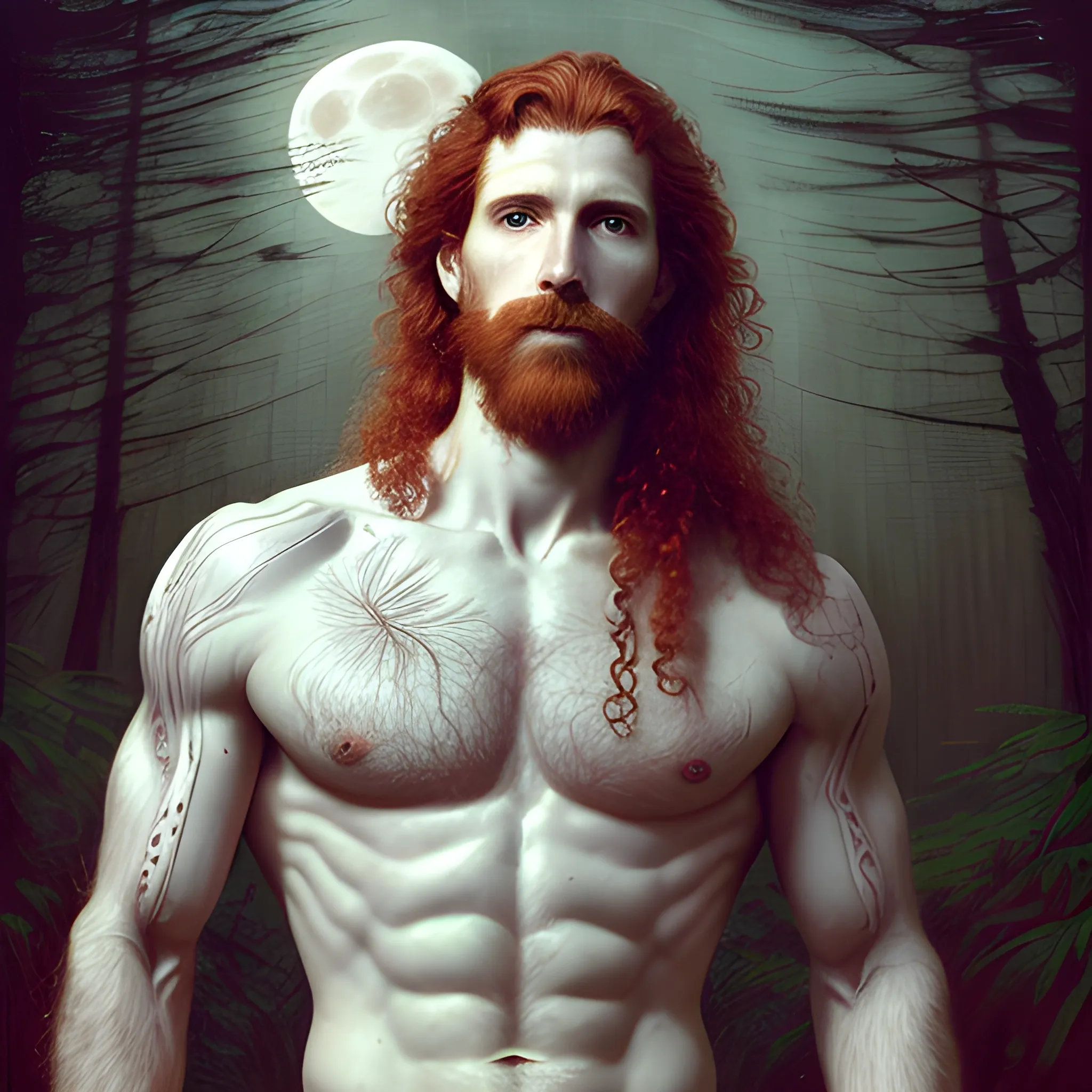 Gwilym Pugh, long red curly hair, chiseled, handsome highly detailed symmetrical face, freckles, perfect face, hyperdetailed eyes and an athletic, long, lean masculine body, under a painted neblua sky, full moon; deep forest, spooky ambiance, by gaston bussiere, craig mullins, j. c. leyendecker