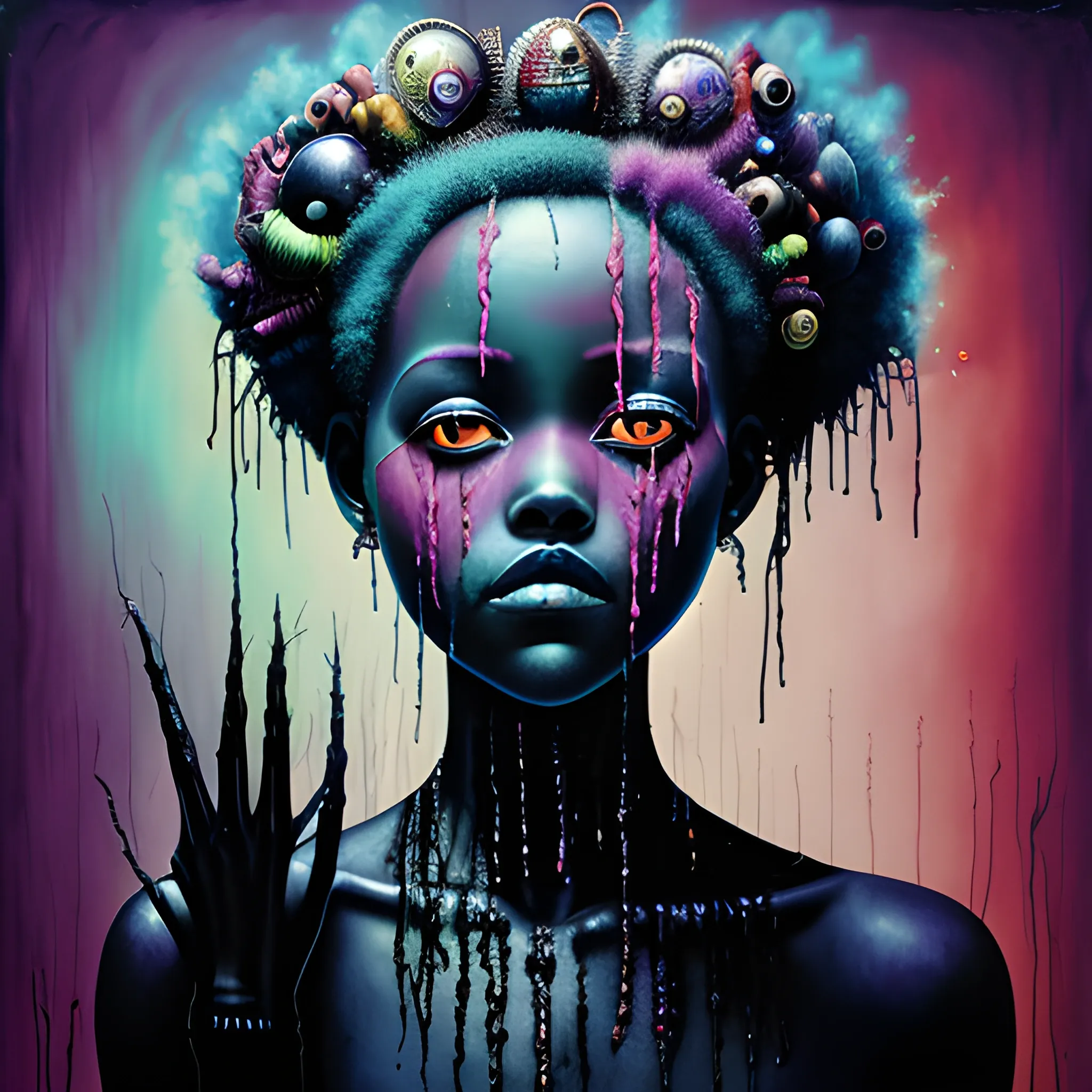  Masterpiece, scenic; Lupita Nyong'o; neon spray paint, acrylic paint, fantastical surrealist world, in the style of Stephen Gammell and Shawn Coss, extremely detailed, sick, gothic, eldritch