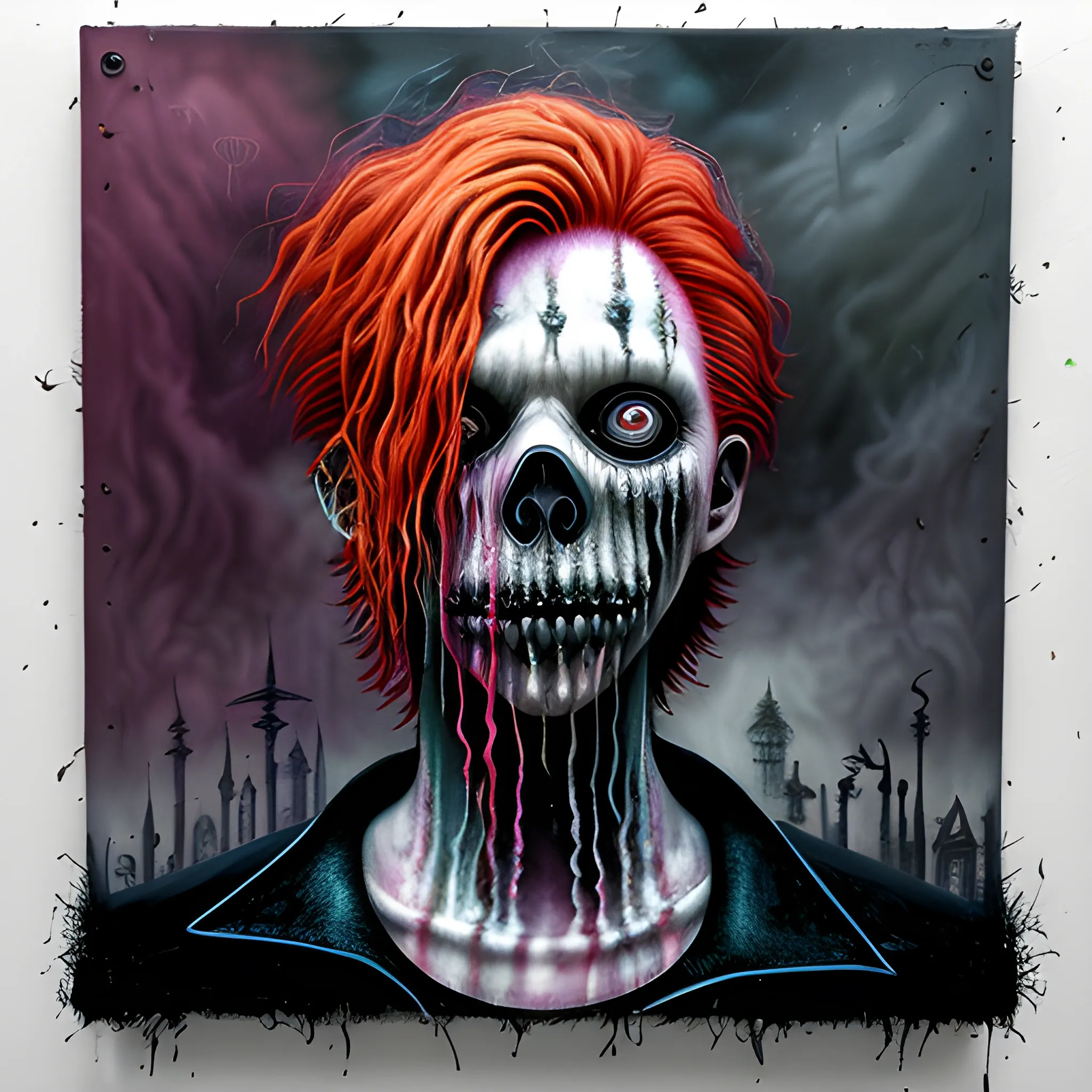  Masterpiece, scenic; redhead Courtney Gains; neon spray paint, acrylic paint, fantastical surrealist world, in the style of Stephen Gammell and Shawn Coss, extremely detailed, sick, gothic, eldritch; macabre, extreme color