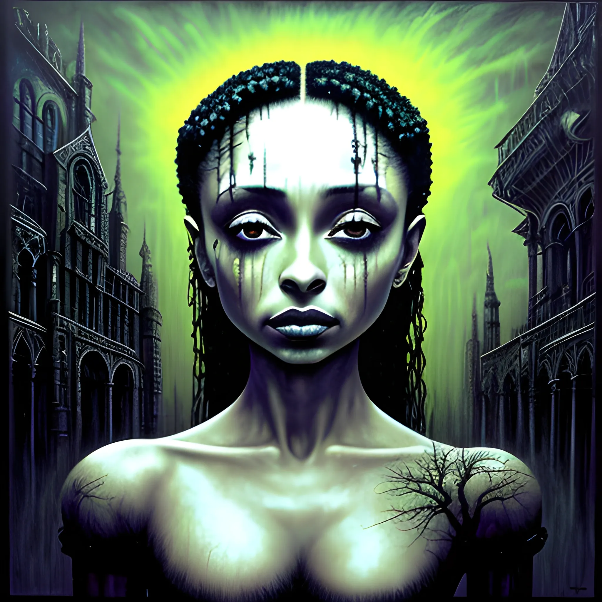  Masterpiece, scenic; Sade Adu; neon spray paint, acrylic paint, fantastical surrealist world, in the style of Stephen Gammell and Shawn Coss, extremely detailed, sick, gothic, eldritch