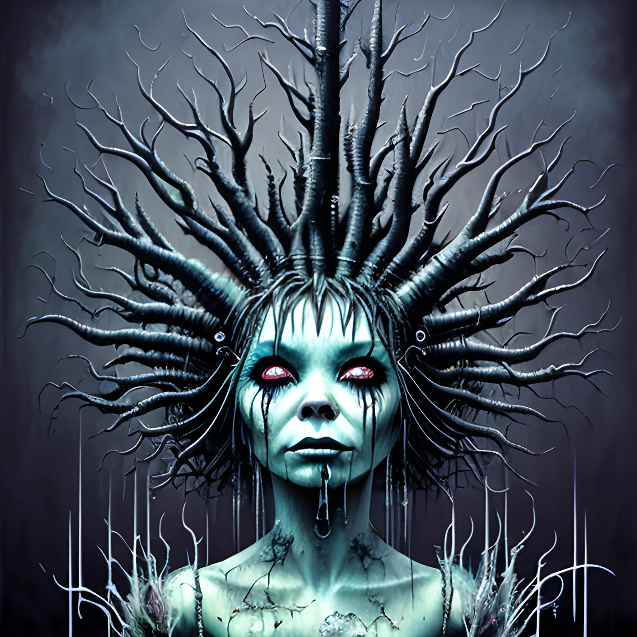  Masterpiece, scenic; Bjork; neon spray paint, acrylic paint, fantastical surrealist world, in the style of Stephen Gammell and Shawn Coss, extremely detailed, sick, gothic, eldritch