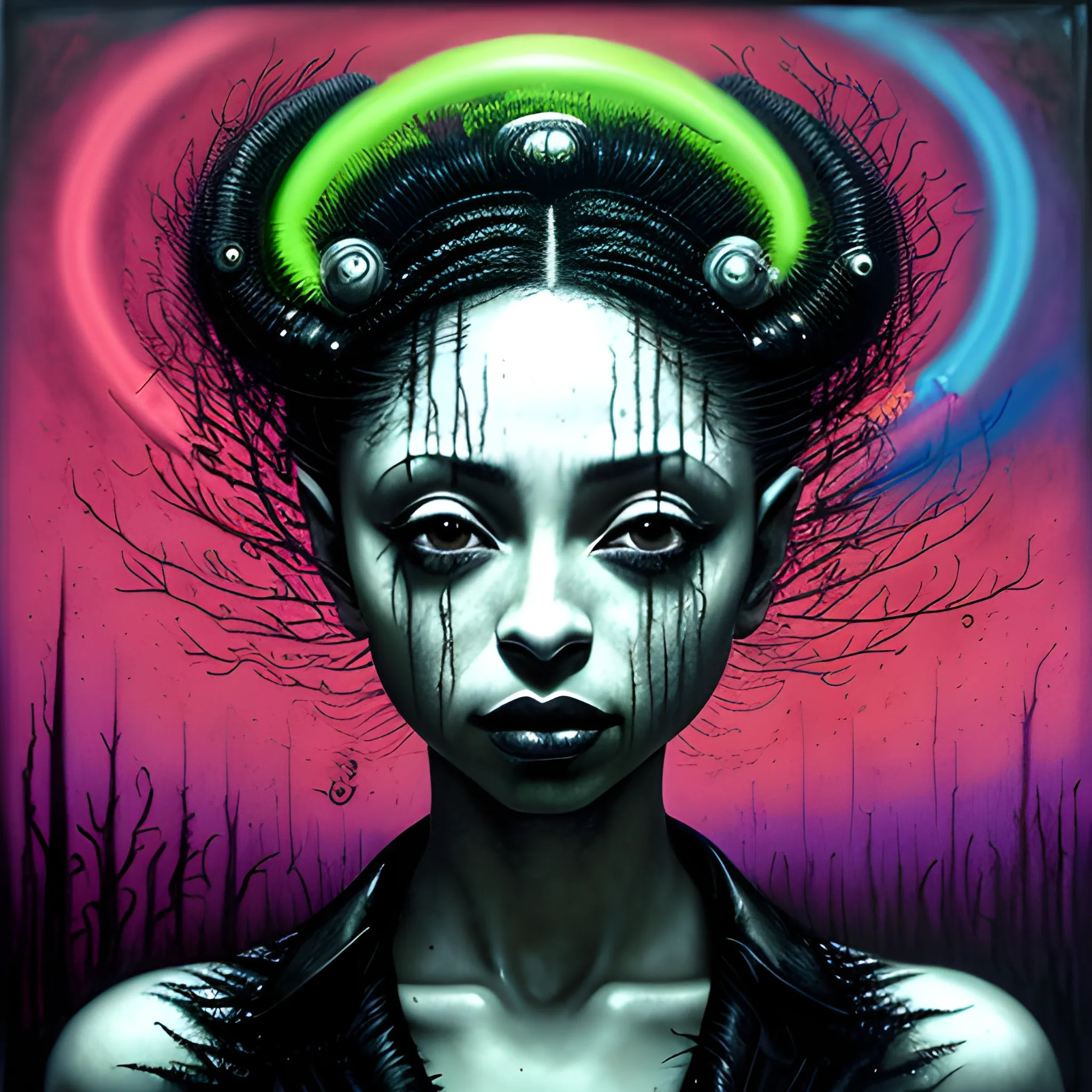  Masterpiece, scenic; Sade Adu; neon spray paint, acrylic paint, fantastical surrealist world, in the style of Stephen Gammell and Shawn Coss, extremely detailed, sick, gothic, eldritch