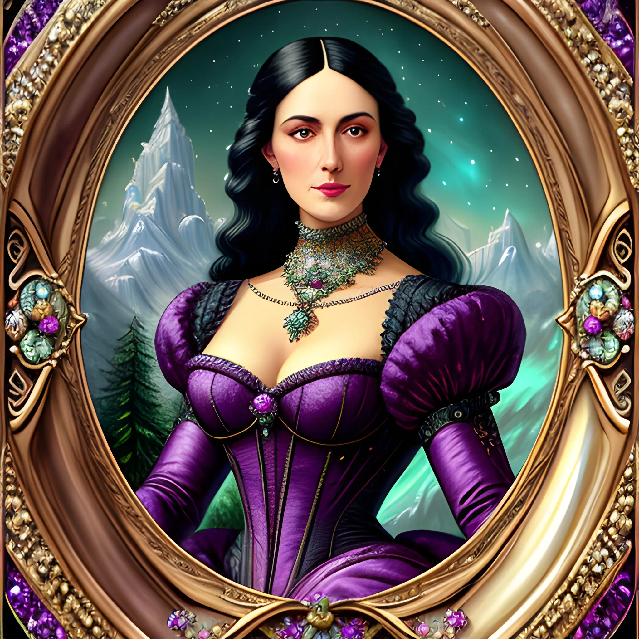 Lilac Princess, full body shot; beautiful woman wears a lavender sequined dress. She has long, sleek black hair, and stands in front of snow-covered pine trees and an icy river. Her features are symmetrical, lovely, and anatomically correct. She wears amethyst jewelry. Lips are soft, in a slight smile; behind her a cityscape, and full smooth moon in a nebula sky, clouds; fantasy, Vintage Art, 16k resolution, intricately detailed, Renaissance, Chromolithography Soft Shading; ethereal fantasy, realistic oil painting. Victorian era, glitter, old fashioned, vintage, antique, renaissance, gothic, eldritch, highly intricate, sophisticated and complex digital painting, concept art, hyperrealism, Cinema 4D, 8k resolution, 64 megapixels, CGSociety, ZBrushCentral, behance HD, hypermaximalist, parallax
