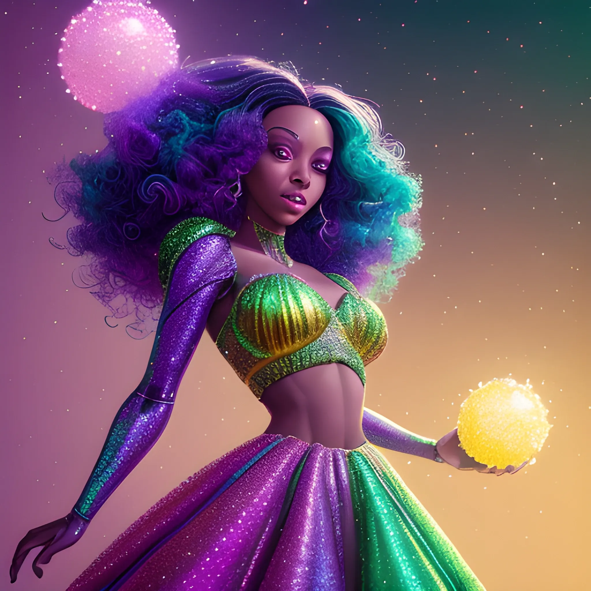 Charlotte Ayanna, perfect, anatomically correct perfect body, highly detailed beautiful face, green midriff dress, meticulously detailed multi-hued long dark curly hair, holding a purple ball in her hand; digital painting, smooth, sharp focus, colorful illustration, art by Lisa Frank, James R. Eads, artgerm and Maxfield Parrish; luminous color sparkles, glitter, neon, airbrush, Unreal Engine 5, Fausto-Giurescu, Tania Rivilis, Dan Mumford; luminous colorful sparkles, glitter, airbrush, depth of field, volumetric lighting, downtown