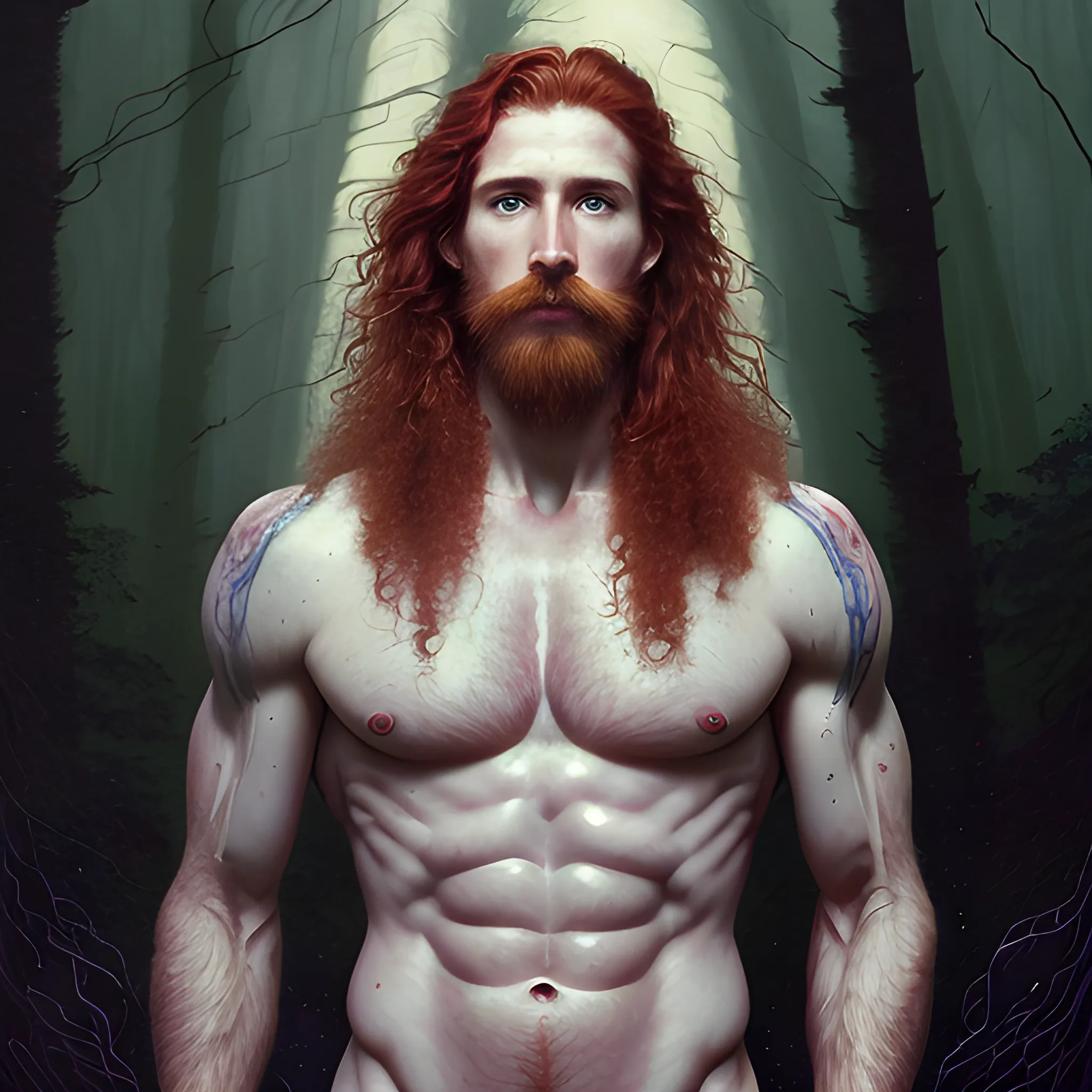 Gwilym Pugh, long red curly hair, chiseled, handsome highly detailed symmetrical face, freckles, perfect face, hyperdetailed eyes and an athletic, long, lean masculine body, under a painted neblua sky, full moon; deep forest, spooky ambiance, by gaston bussiere, craig mullins, j. c. leyendecker