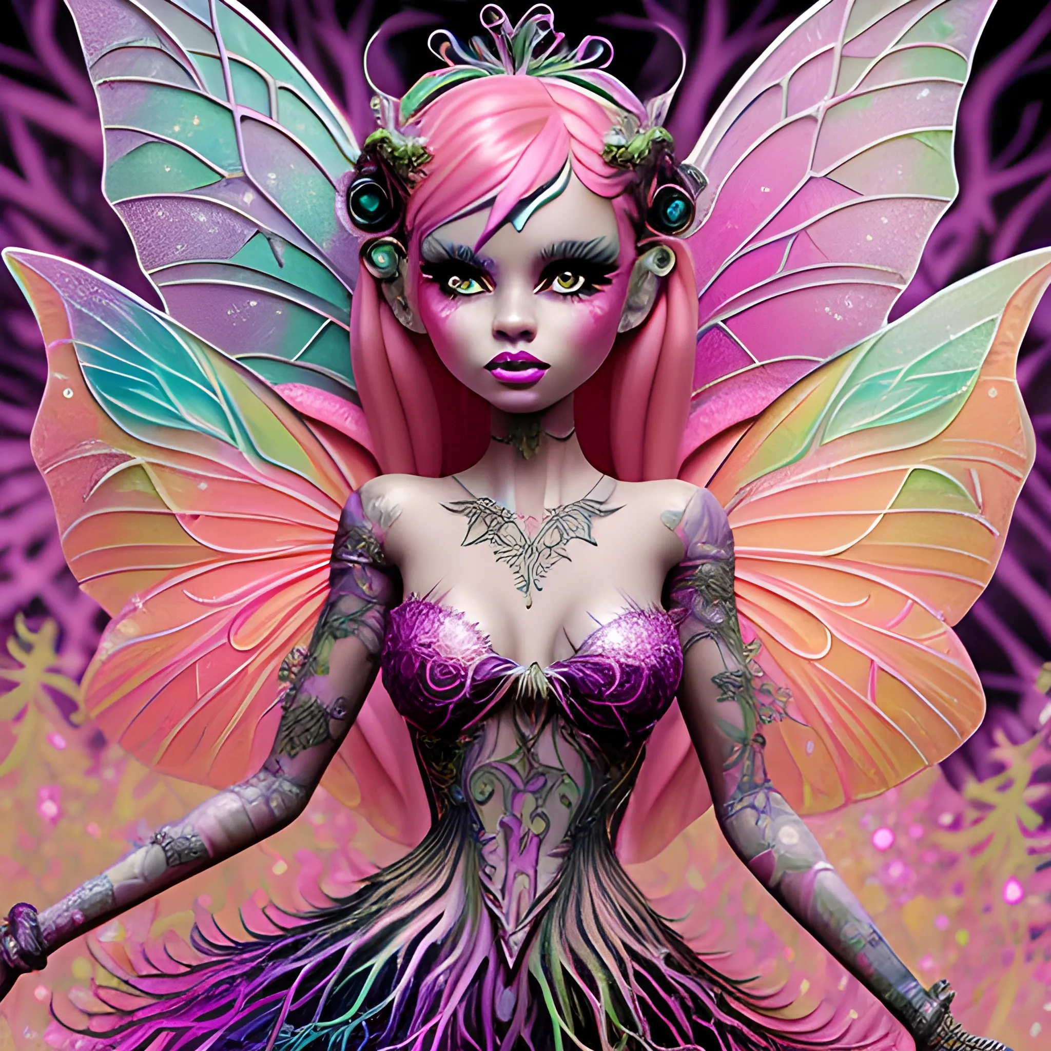  Mythical Fairy: monster High doll: vines: woman: fairy wings: forest: nature: orange and pink: detailed: glitter, airbrush, luminous color sparkles; graffiti art, splash art, street art, spray paint, oil gouache melting, acrylic, high contrast, colorful polychromatic, ultra detailed, ultra quality, CGSociety, 3D