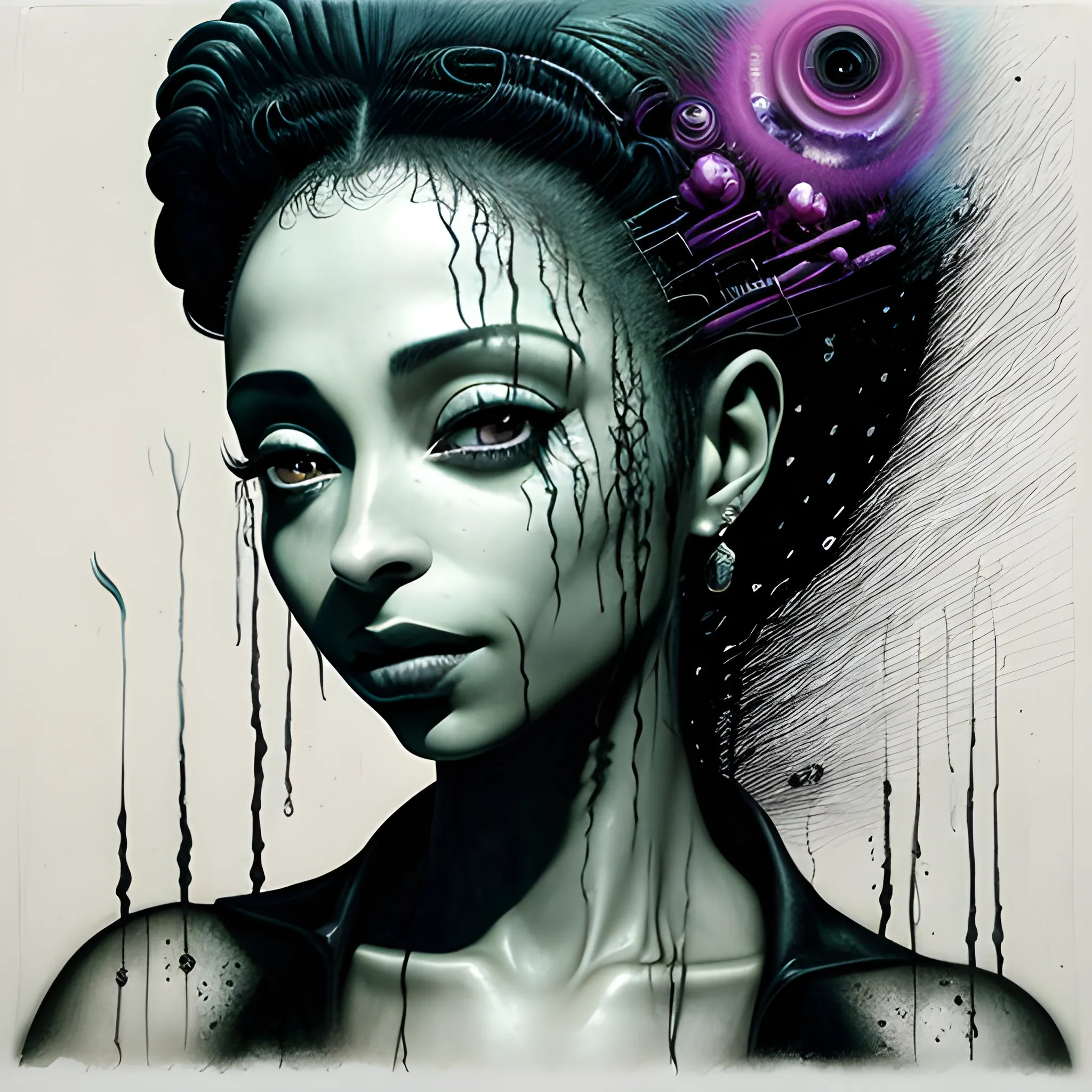  Masterpiece, scenic; Sade Adu; neon spray paint, acrylic paint, fantastical surrealist world, in the style of Stephen Gammell and Shawn Coss, extremely detailed, sick, gothic, eldritch