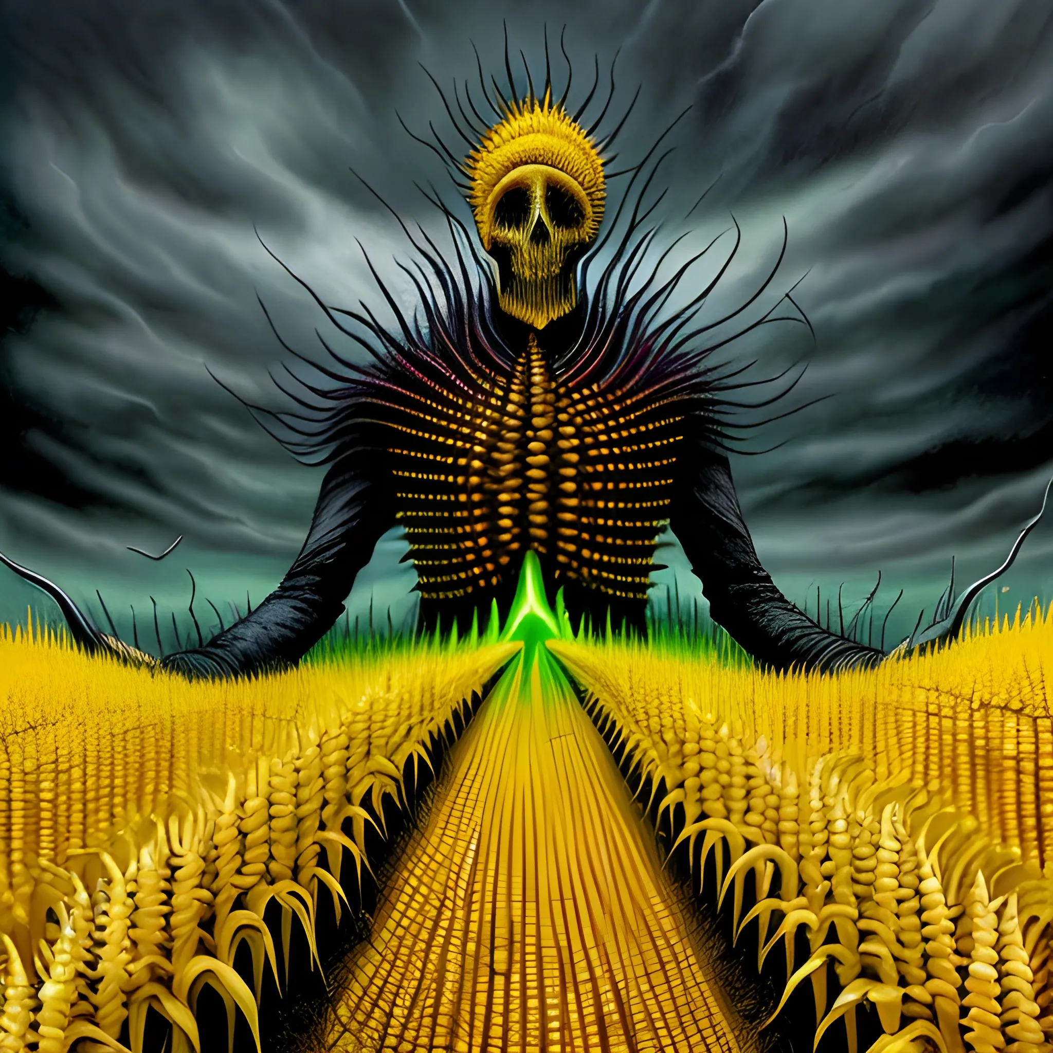  Masterpiece, scenic; Malachi, Children of the Corn; redhead Courtney Gains; neon spray paint, acrylic paint, fantastical surrealist world, cornfieldd, corncob, yellow corn; in the style of Stephen Gammell and Shawn Coss, extremely detailed, sick, gothic, eldritch; macabre, extreme color