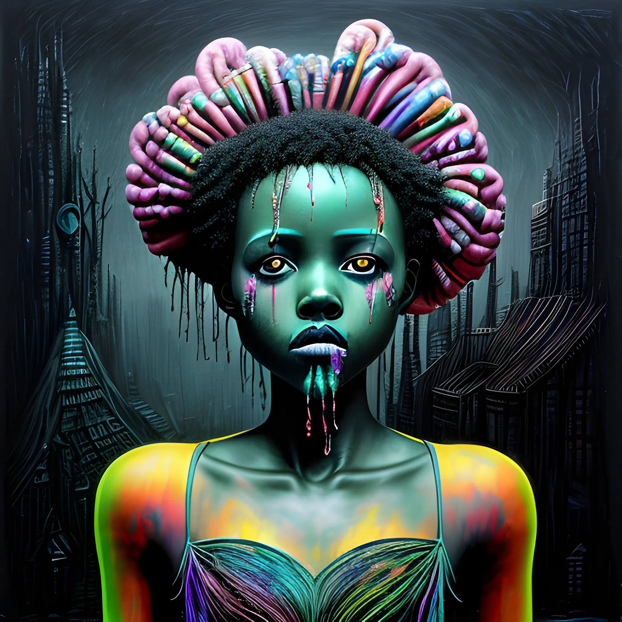  Masterpiece, scenic; Lupita Nyong'o; neon spray paint, acrylic paint, fantastical surrealist world, in the style of Stephen Gammell and Shawn Coss, extremely detailed, sick, gothic, eldritch