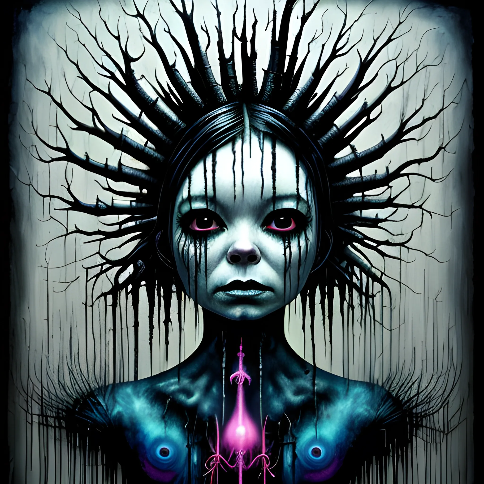  Masterpiece, scenic; Bjork; neon spray paint, acrylic paint, fantastical surrealist world, in the style of Stephen Gammell and Shawn Coss, extremely detailed, sick, gothic, eldritch