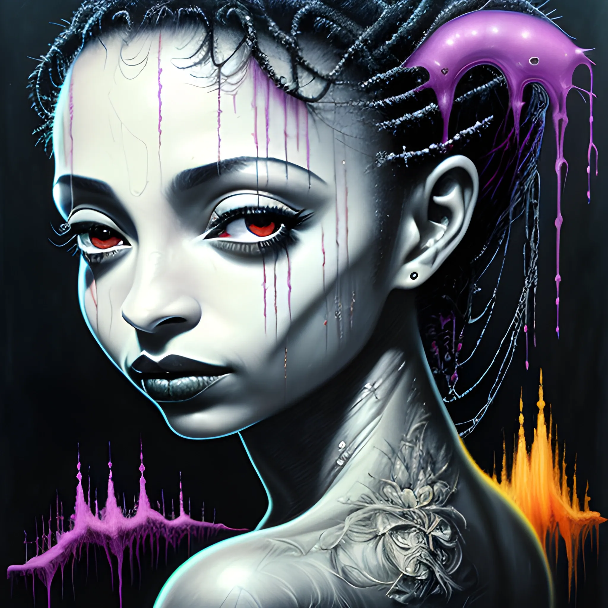  Masterpiece, scenic; Sade Adu; neon spray paint, acrylic paint, fantastical surrealist world, in the style of Stephen Gammell and Shawn Coss, extremely detailed, sick, gothic, eldritch