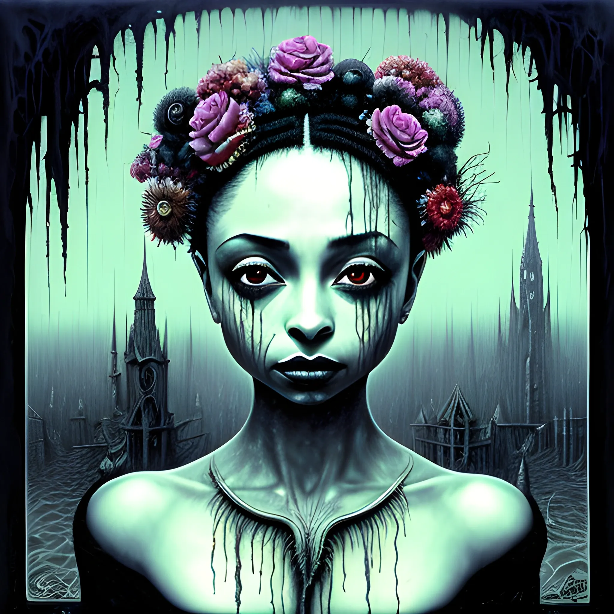  Masterpiece, scenic; Sade Adu; neon spray paint, acrylic paint, fantastical surrealist world, in the style of Stephen Gammell and Shawn Coss, extremely detailed, sick, gothic, eldritch