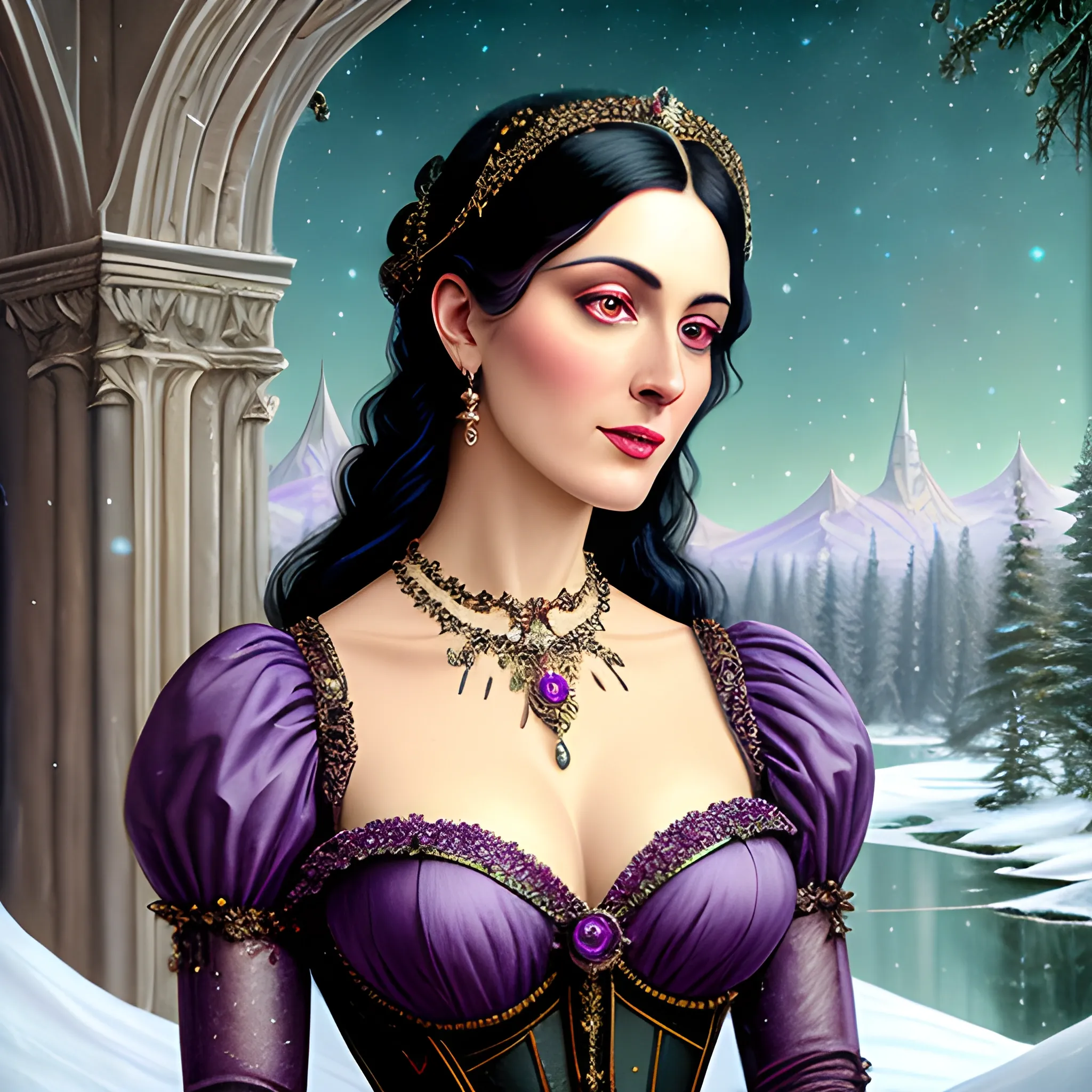 Lilac Princess, full body shot; beautiful woman wears a lavender sequined dress. She has long, sleek black hair, and stands in front of snow-covered pine trees and an icy river. Her features are symmetrical, lovely, and anatomically correct. She wears amethyst jewelry. Lips are soft, in a slight smile; behind her a cityscape, and full smooth moon in a nebula sky, clouds; fantasy, Vintage Art, 16k resolution, intricately detailed, Renaissance, Chromolithography Soft Shading; ethereal fantasy, realistic oil painting. Victorian era, glitter, old fashioned, vintage, antique, renaissance, gothic, eldritch, highly intricate, sophisticated and complex digital painting, concept art, hyperrealism, Cinema 4D, 8k resolution, 64 megapixels, CGSociety, ZBrushCentral, behance HD, hypermaximalist, parallax
